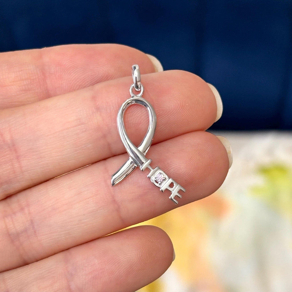 Sterling Silver Rhodium-plated Pink CZ Hope Awareness Ribbon Pendant