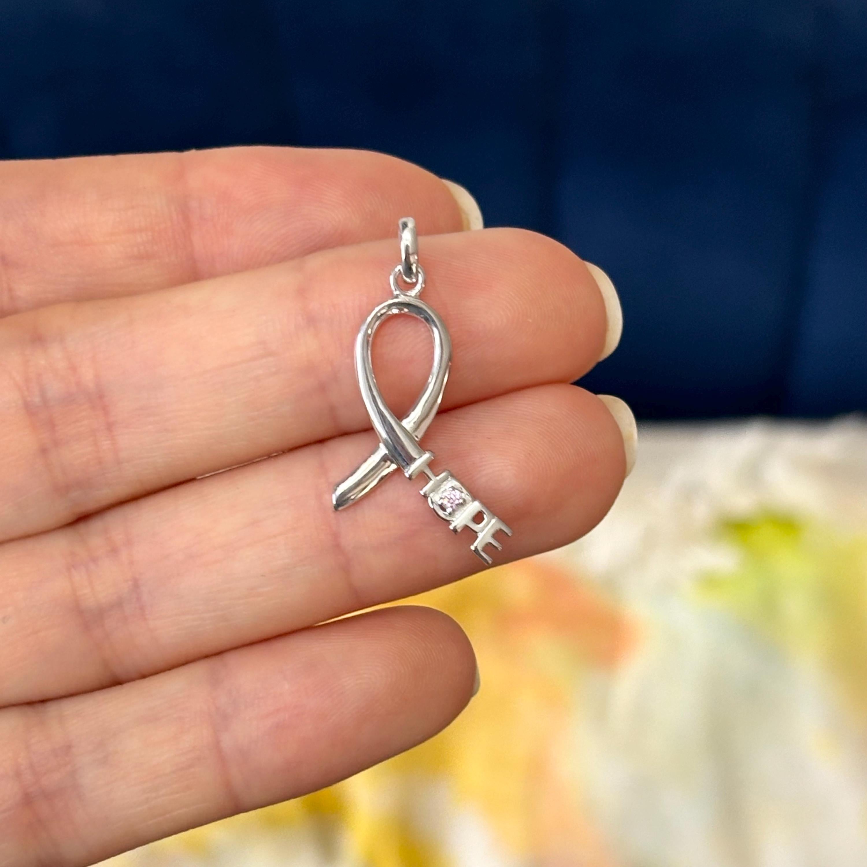 Sterling Silver Rhodium-plated Pink CZ Hope Awareness Ribbon Pendant