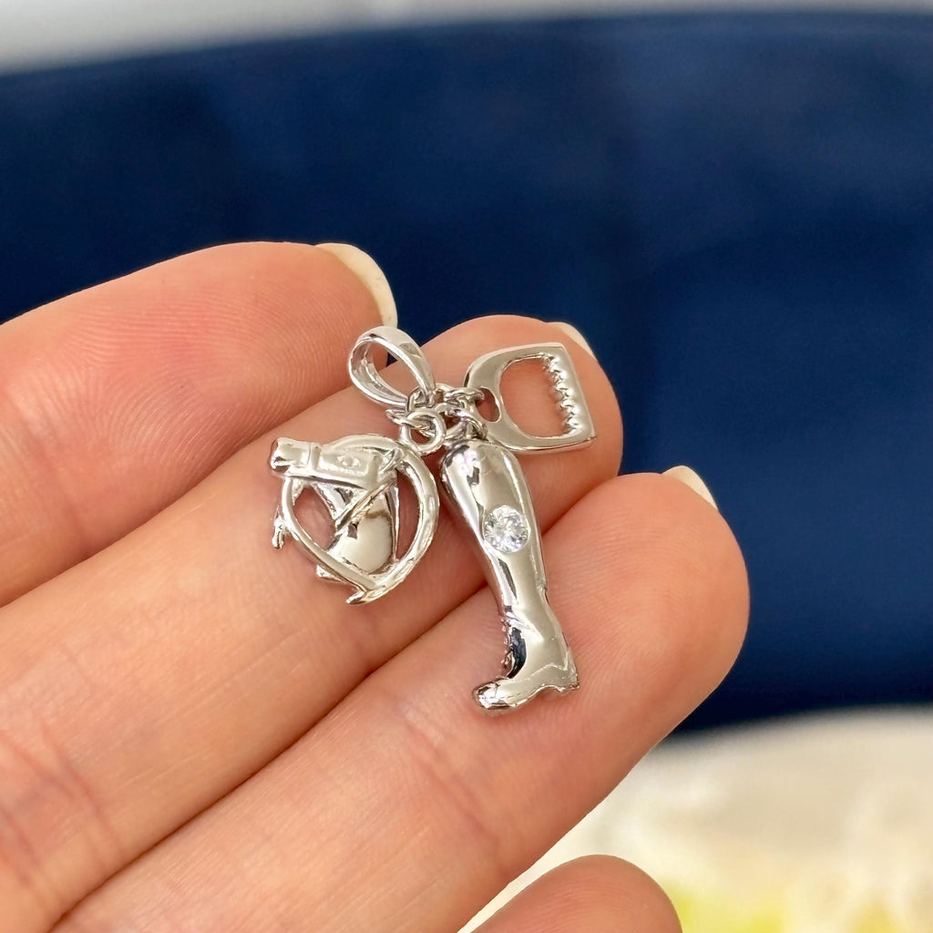 Sterling Silver CZ-Set Cowboy Boot, Stirrup and Horse Pendant