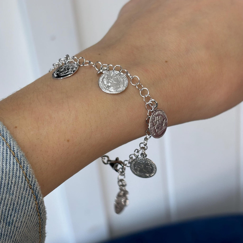 Sterling Silver Rhodium-Plated Roman Coin Charm Bracelet