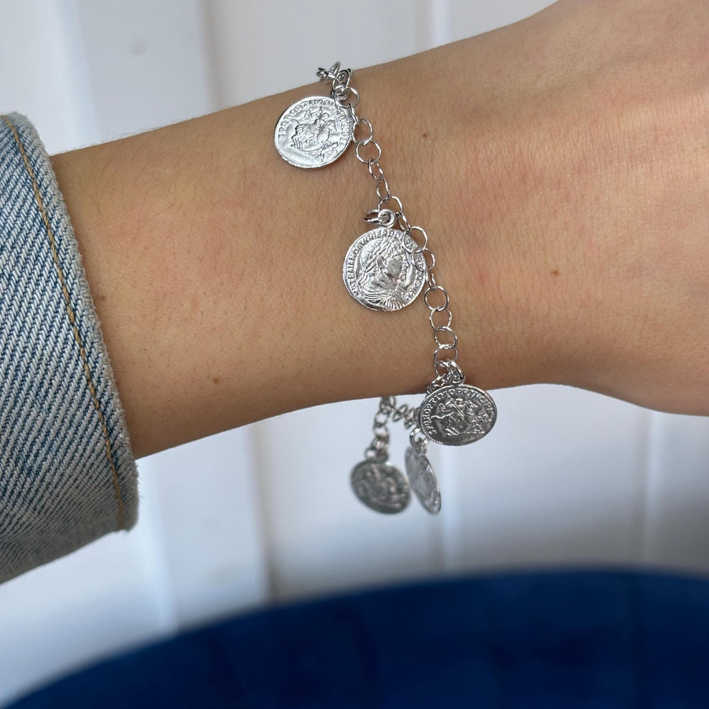 Sterling Silver Rhodium-Plated Roman Coin Charm Bracelet