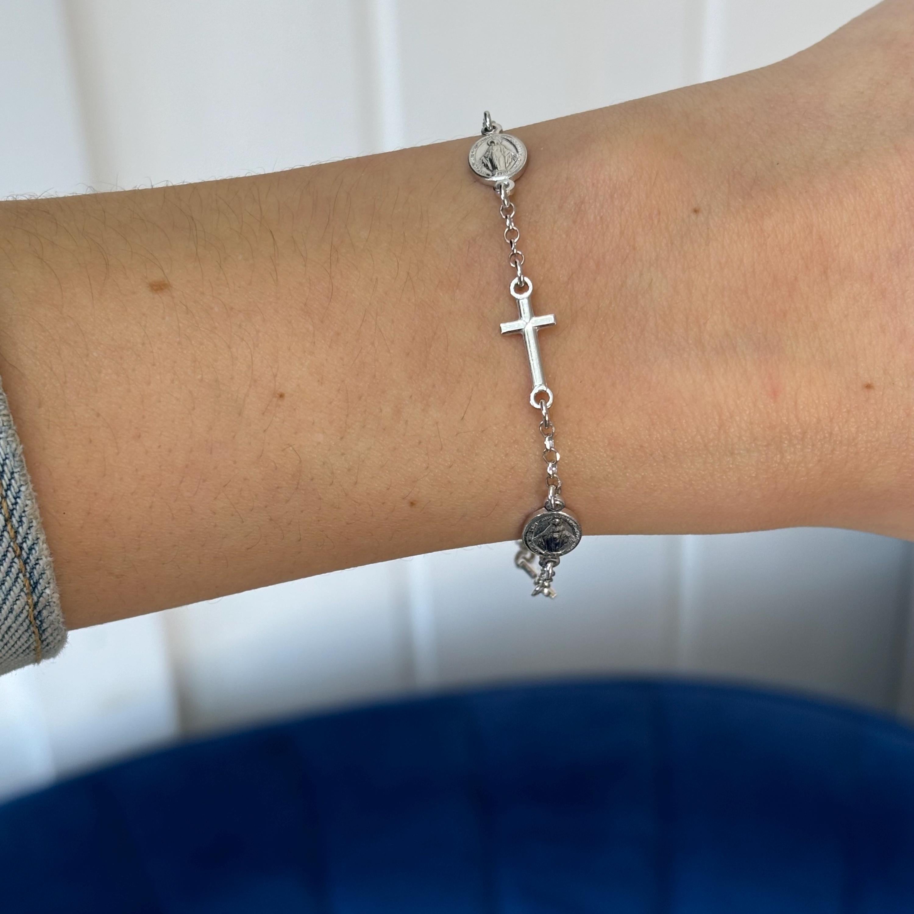 Sterling Silver Rhodium-Plated Miraculous Medal with Cross Bracelet