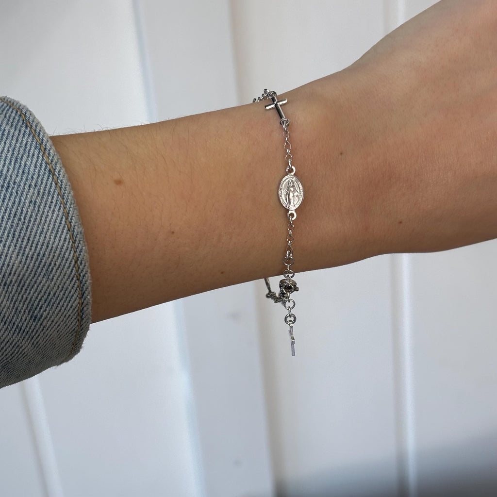 Sterling Silver Rhodium-Plated Miraculous Medal with Cross Bracelet