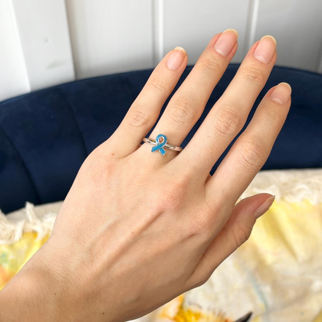 Sterling Silver Stackable Blue Enameled Awareness Ribbon Ring