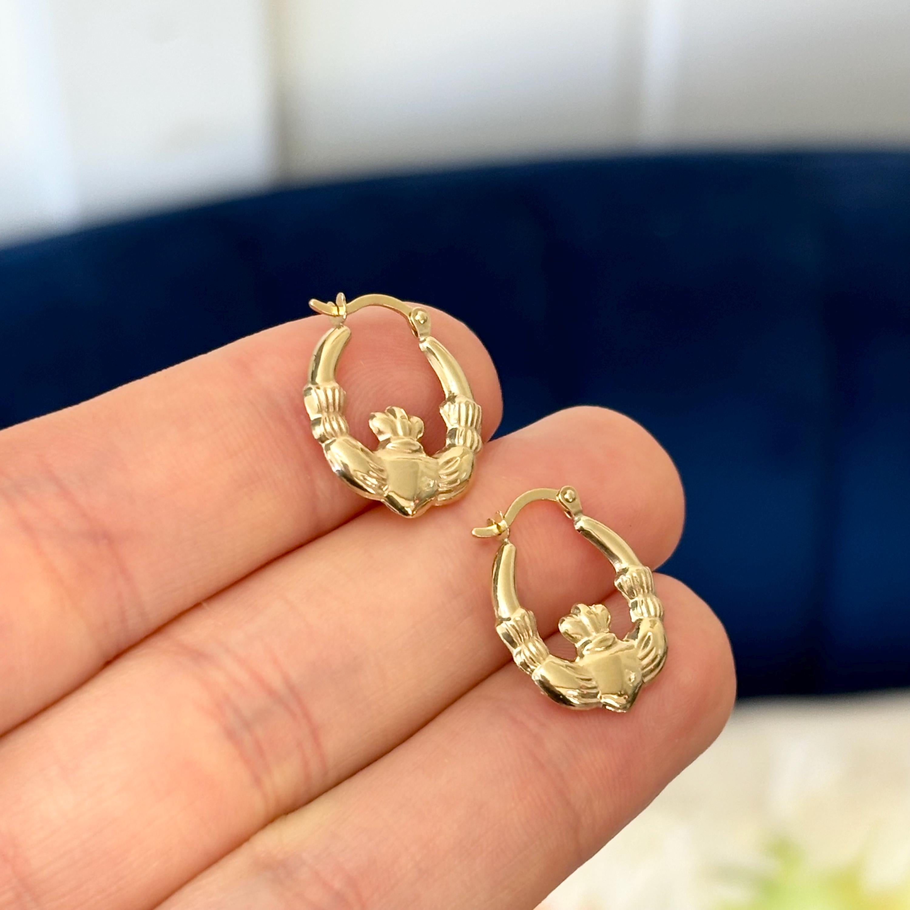 10k Gold Claddagh Irish Hands, Heart and Crown Hoop Earrings