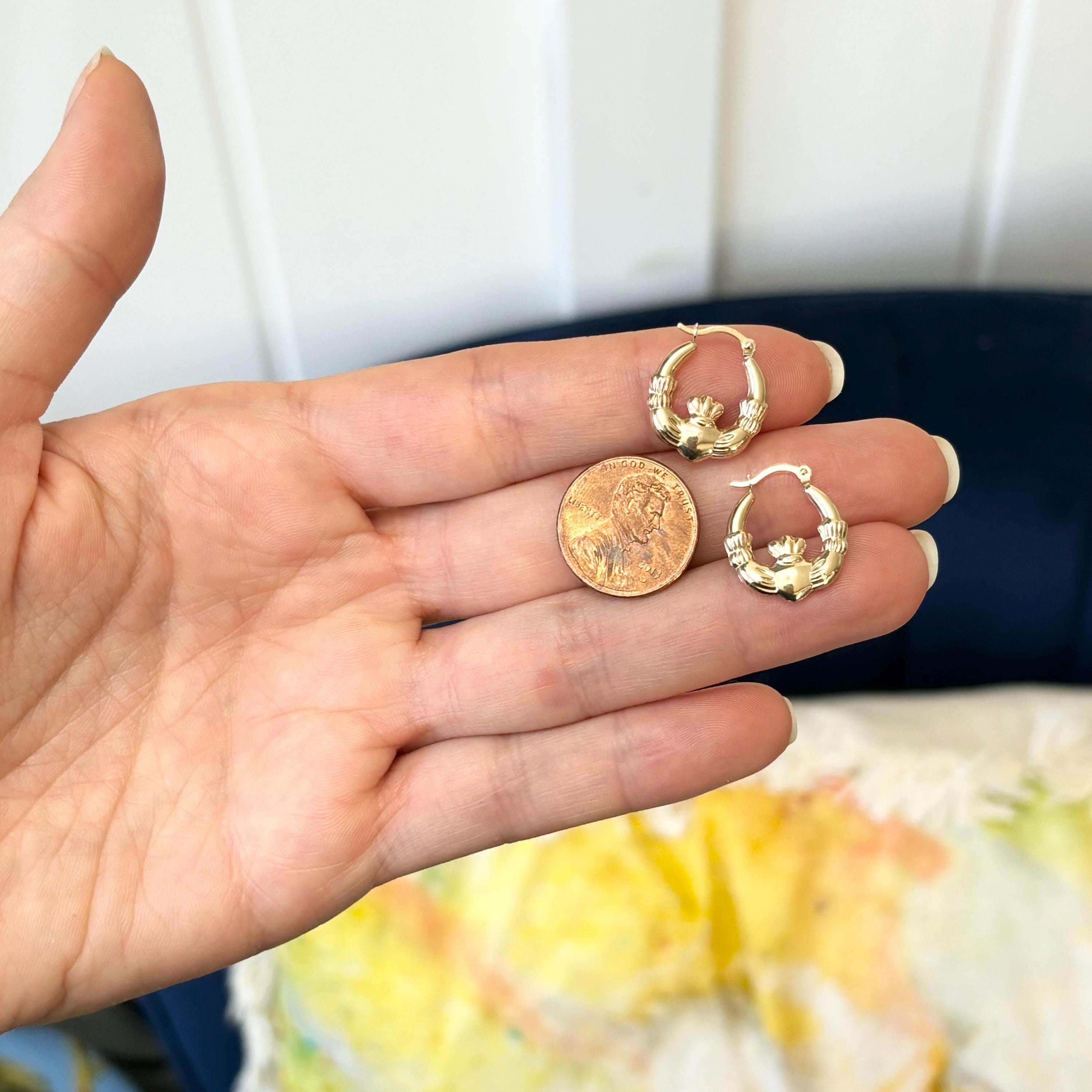 10k Gold Claddagh Irish Hands, Heart and Crown Hoop Earrings