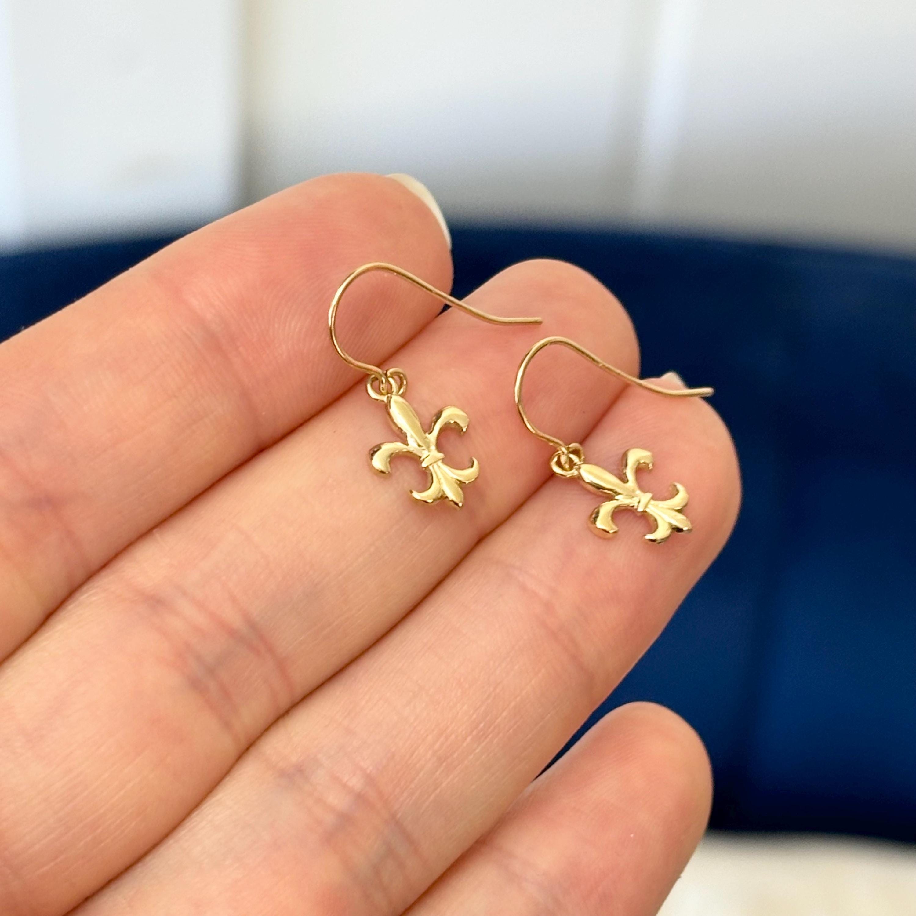 14K Yellow Gold Fleur de Lis French Dangle Earrings