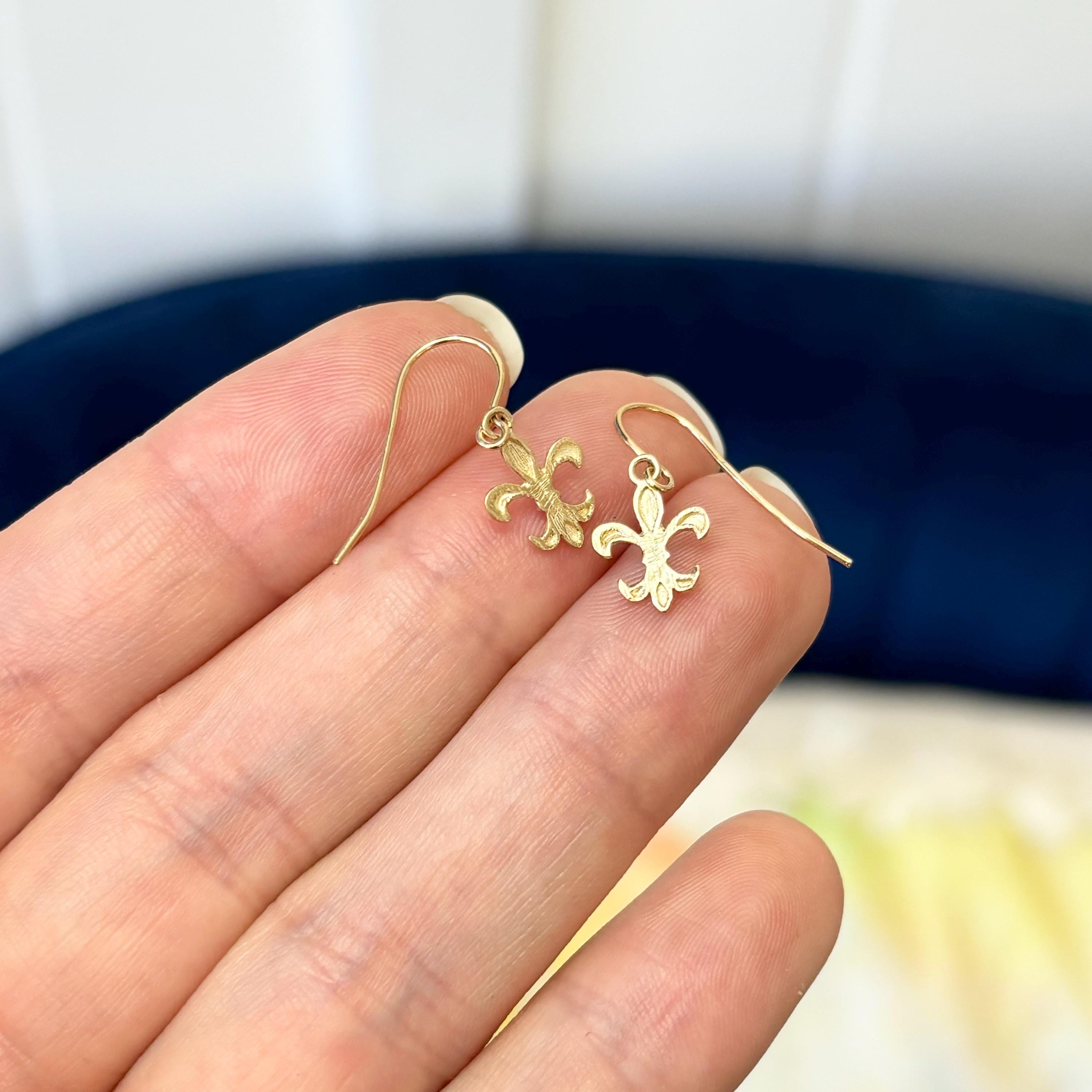 14K Yellow Gold Fleur de Lis French Dangle Earrings