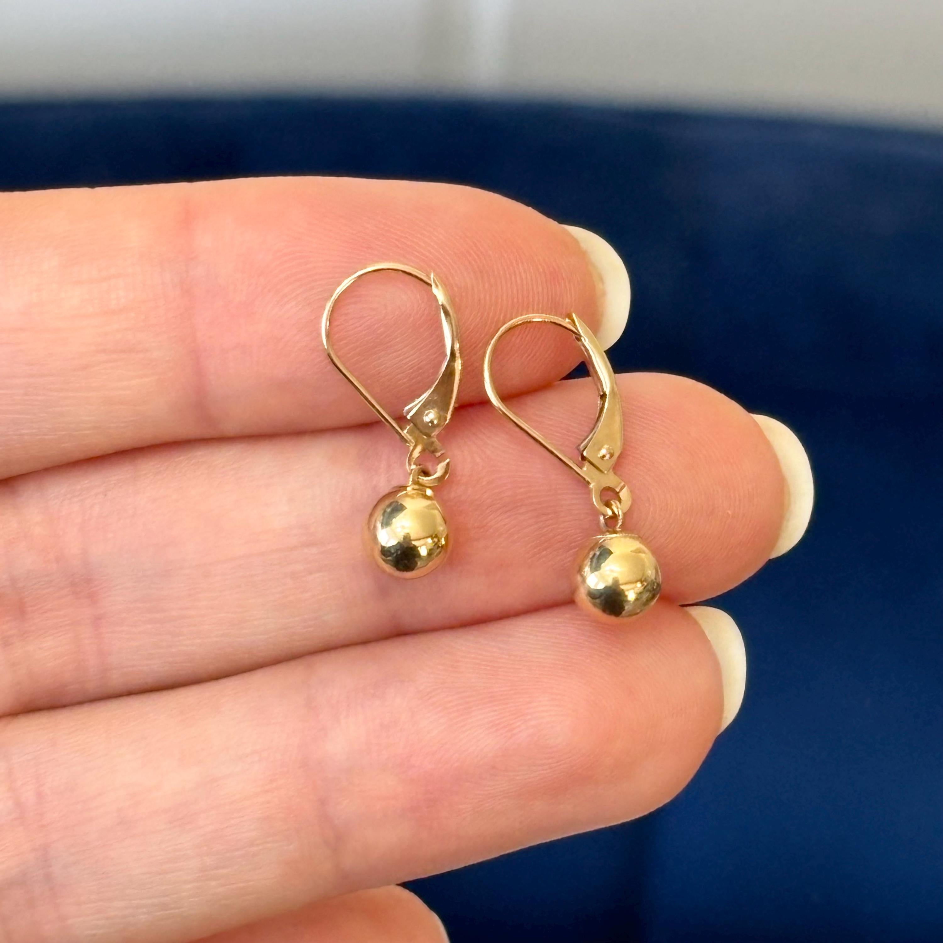 14K Yellow Gold 6mm Bead Leverback Dangle Earrings