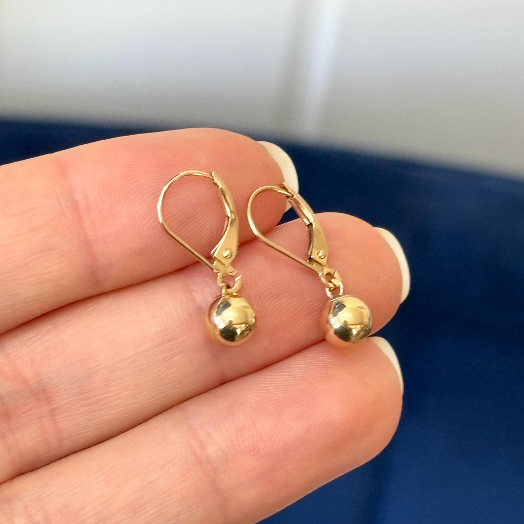 14K Yellow Gold 6mm Bead Leverback Dangle Earrings