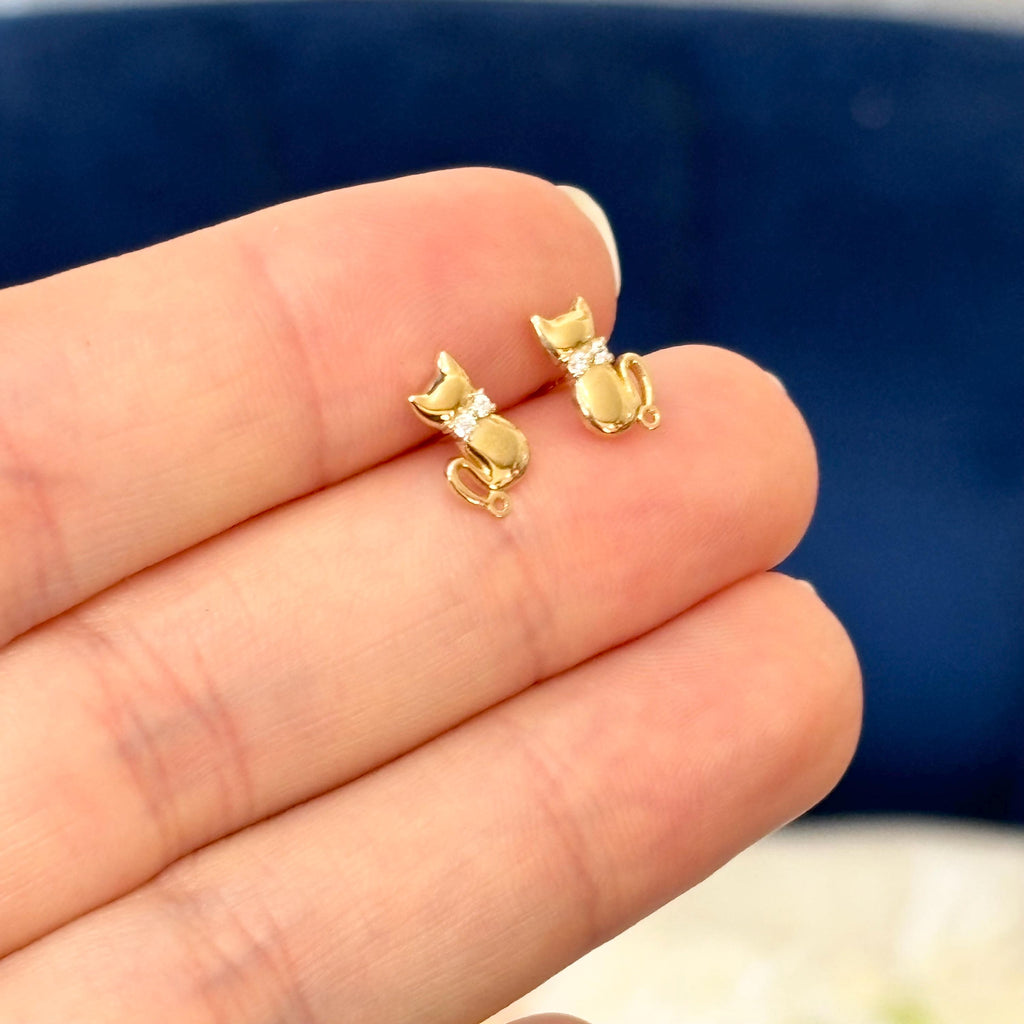 14K Yellow Gold Sitting Kitty Cat CZ Bowtie Stud Earrings
