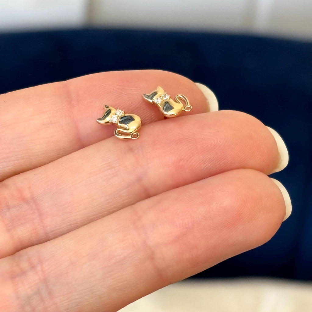 14K Yellow Gold Sitting Kitty Cat CZ Bowtie Stud Earrings