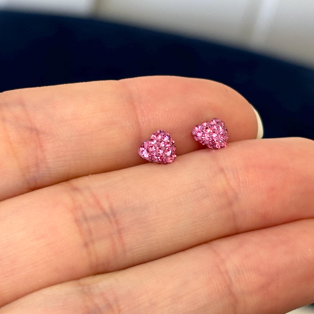14K Gold Pink Crystal Heart Small Post Earrings