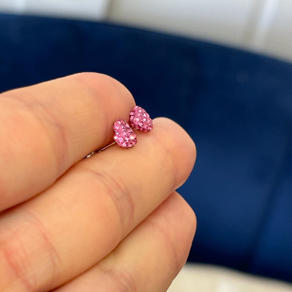 14K Gold Pink Crystal Heart Small Post Earrings