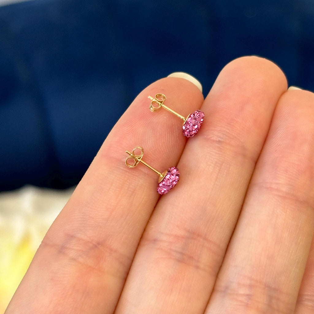 14K Gold Pink Crystal Heart Small Post Earrings