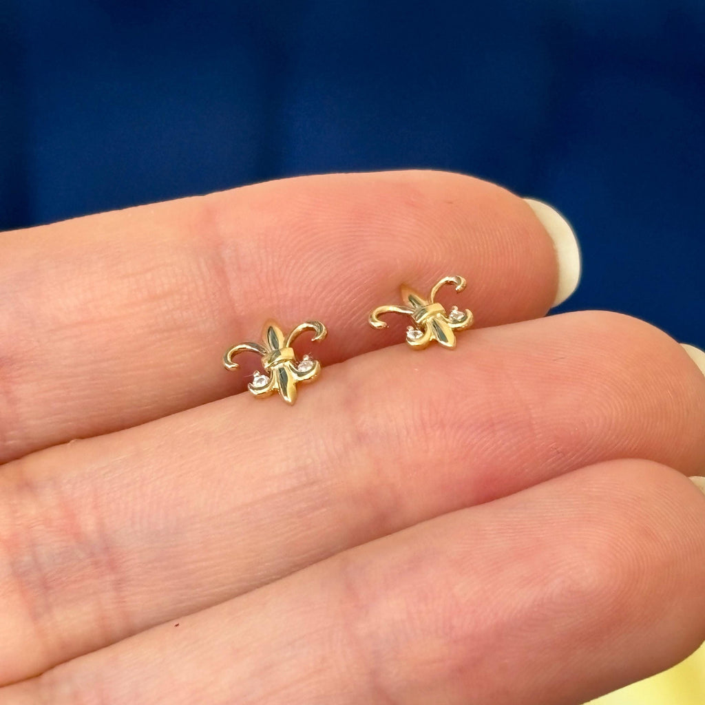 14K Yellow Gold French Fleur de Lis with Cubic Zirconia Post Earrings