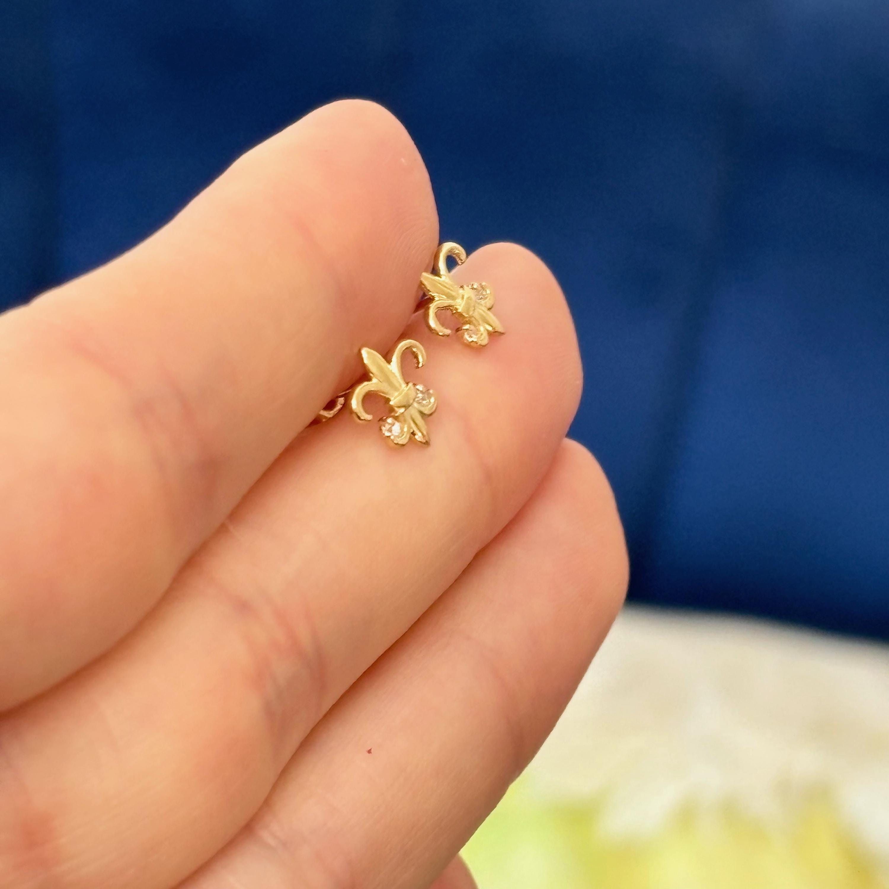 14K Yellow Gold French Fleur de Lis with Cubic Zirconia Post Earrings