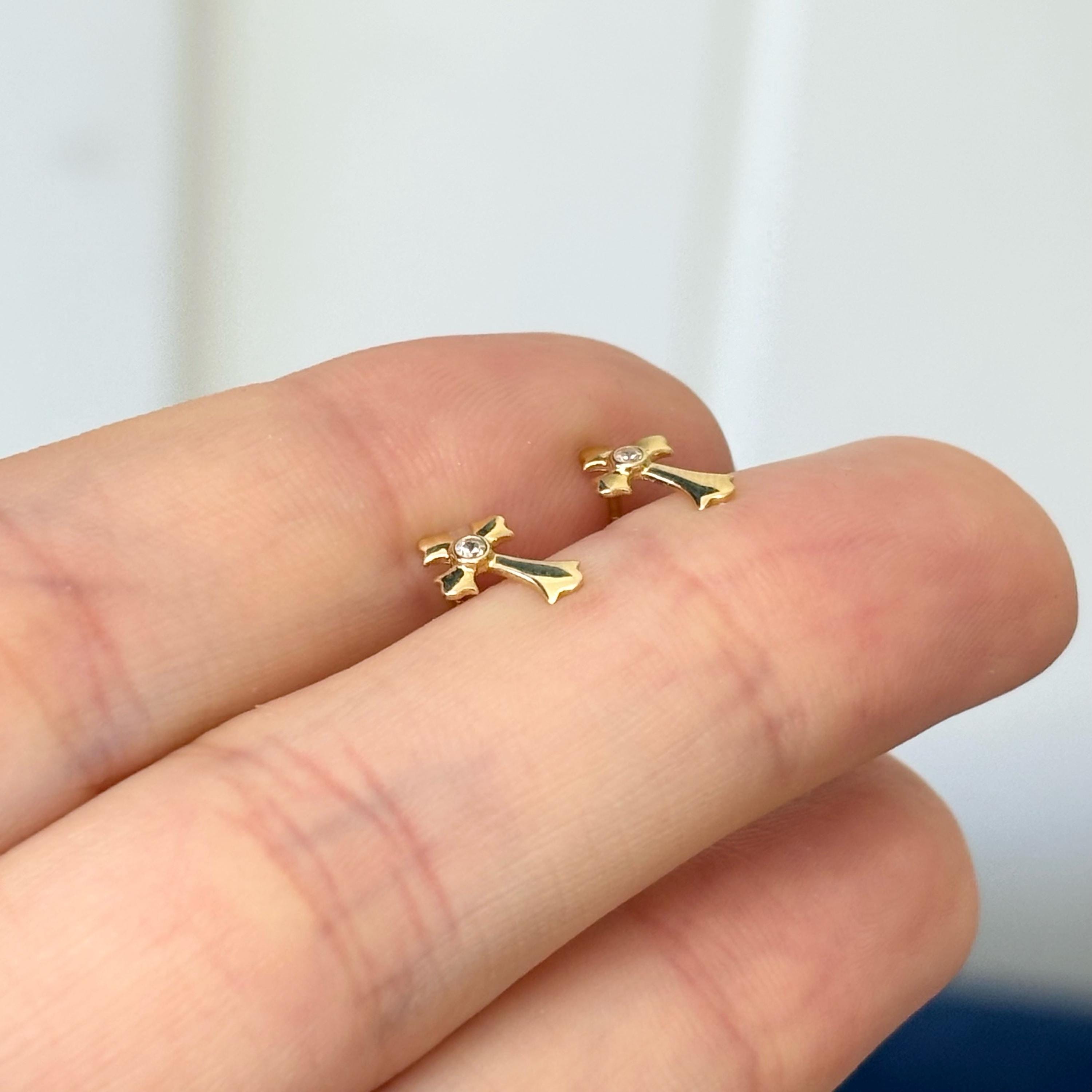 14k Small CZ Children’s Cross Post Earrings