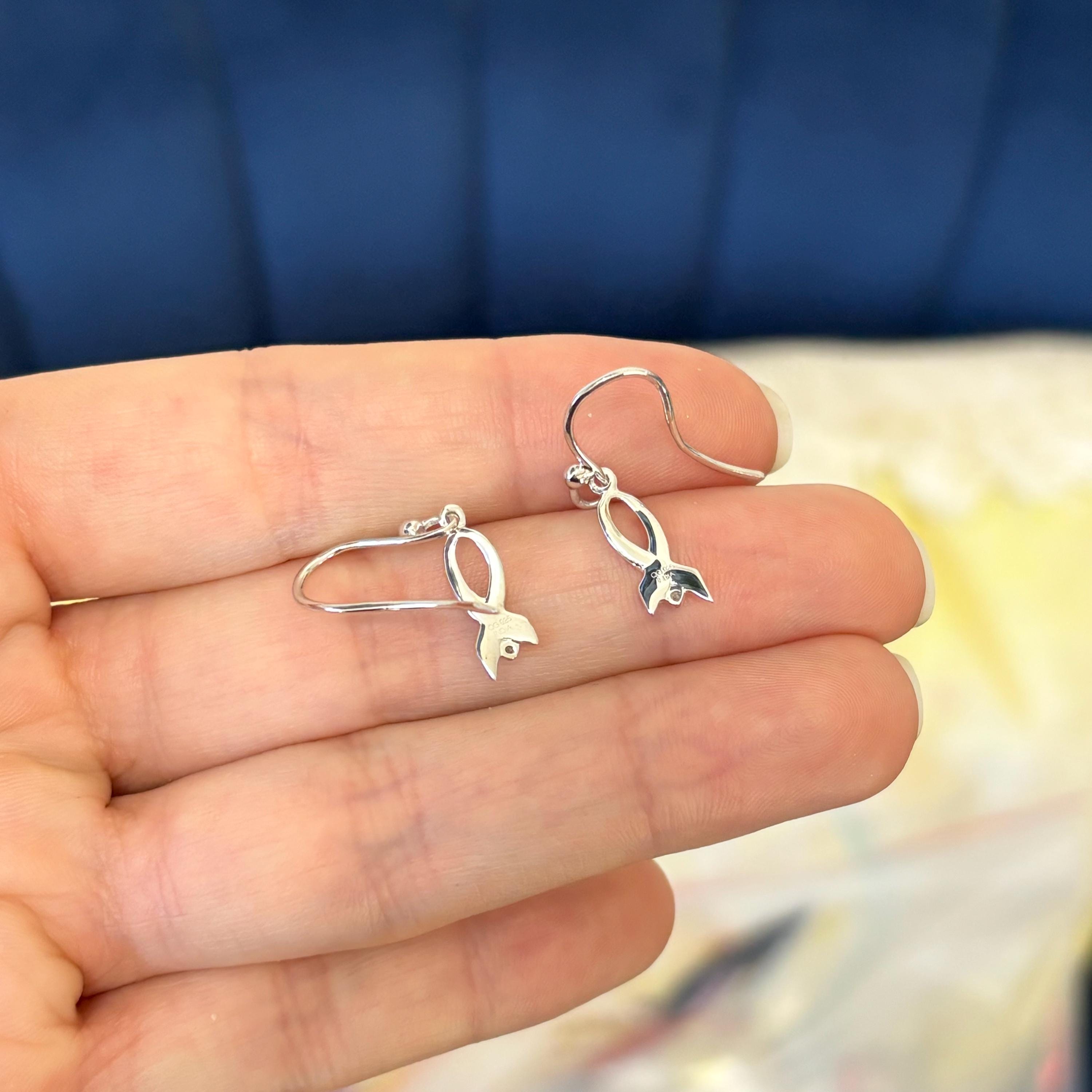 Sterling Silver Rhodium-plated Diamond Awareness Ribbon Dangle Earrings