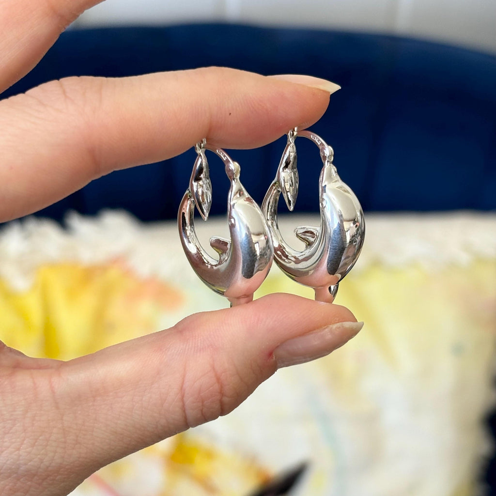 Sterling Silver Polished Playful Dolphin Round Hoop Earrings