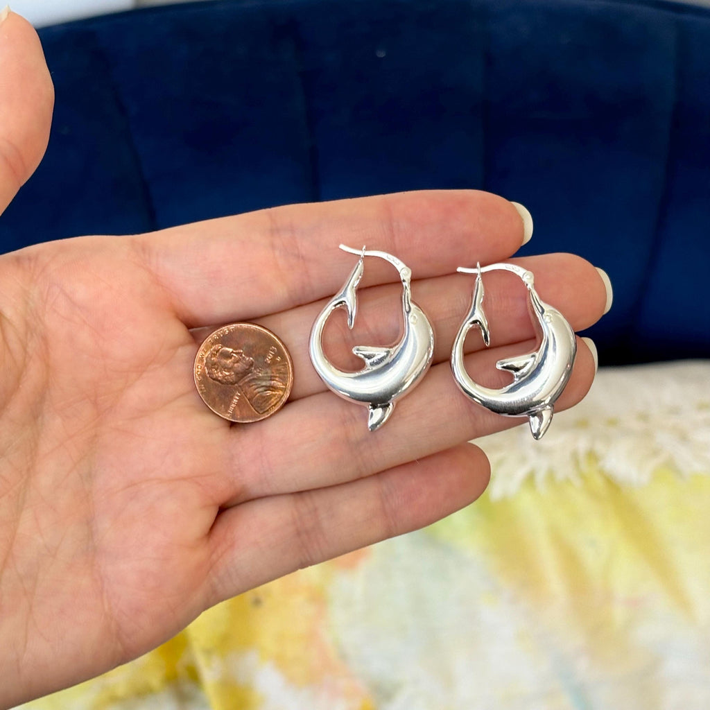 Sterling Silver Polished Playful Dolphin Round Hoop Earrings