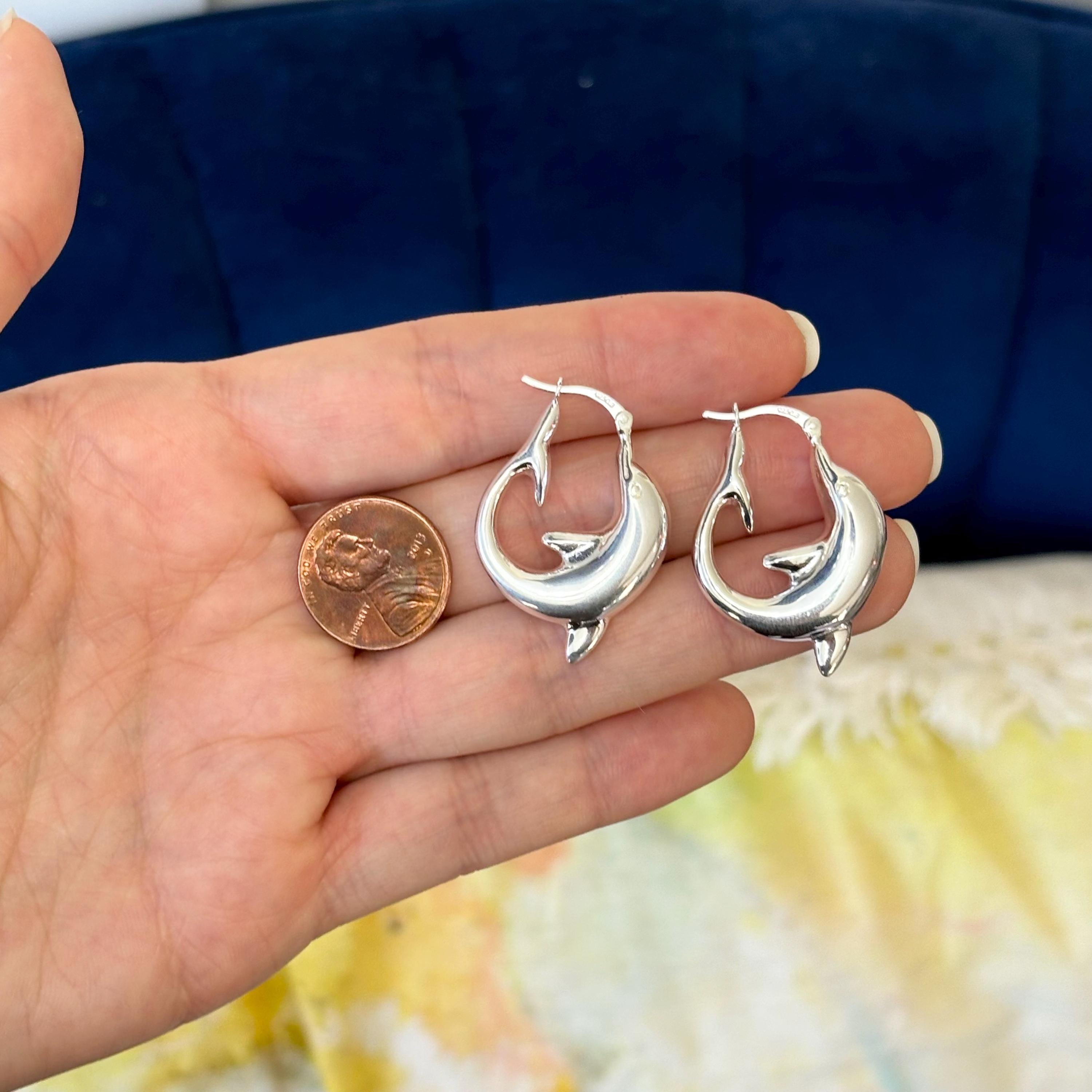 Sterling Silver Polished Playful Dolphin Round Hoop Earrings