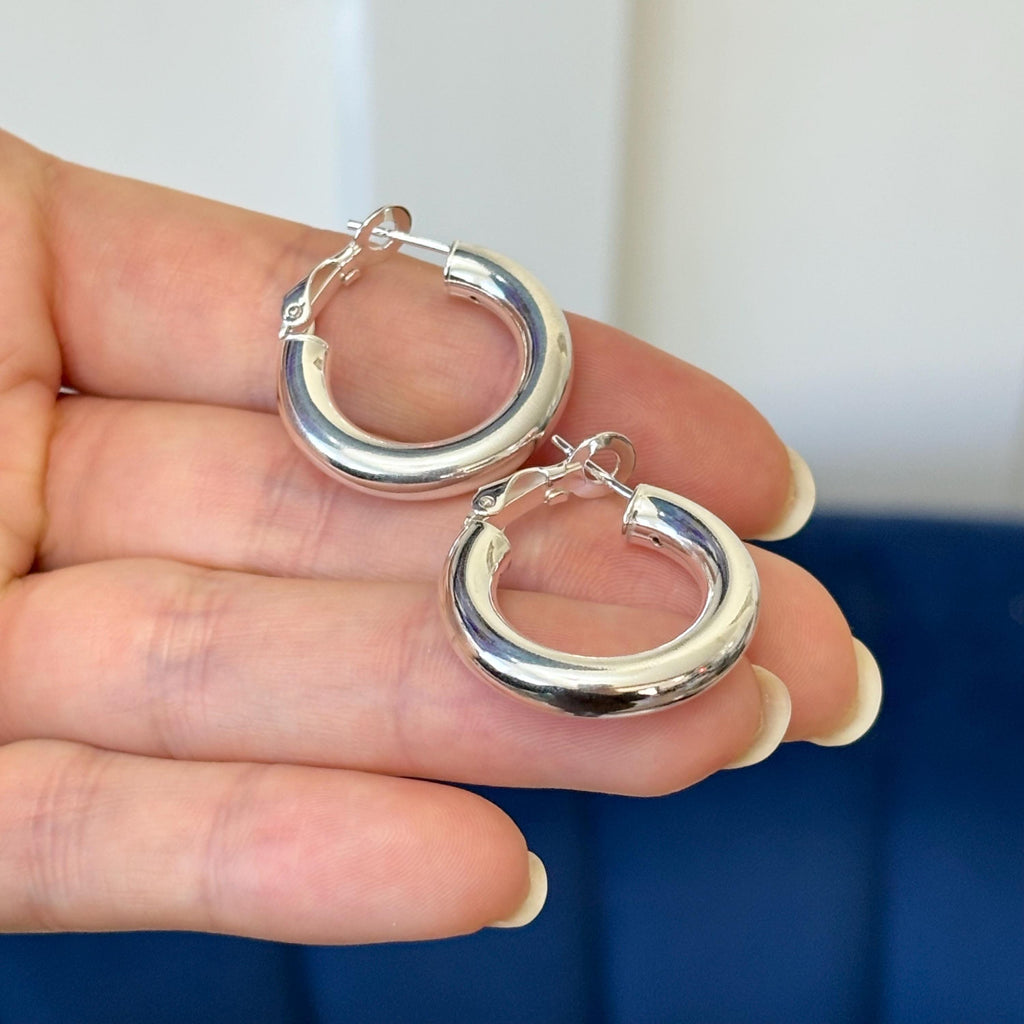 Sterling Silver Omega-back Medium Width Hoop Earrings