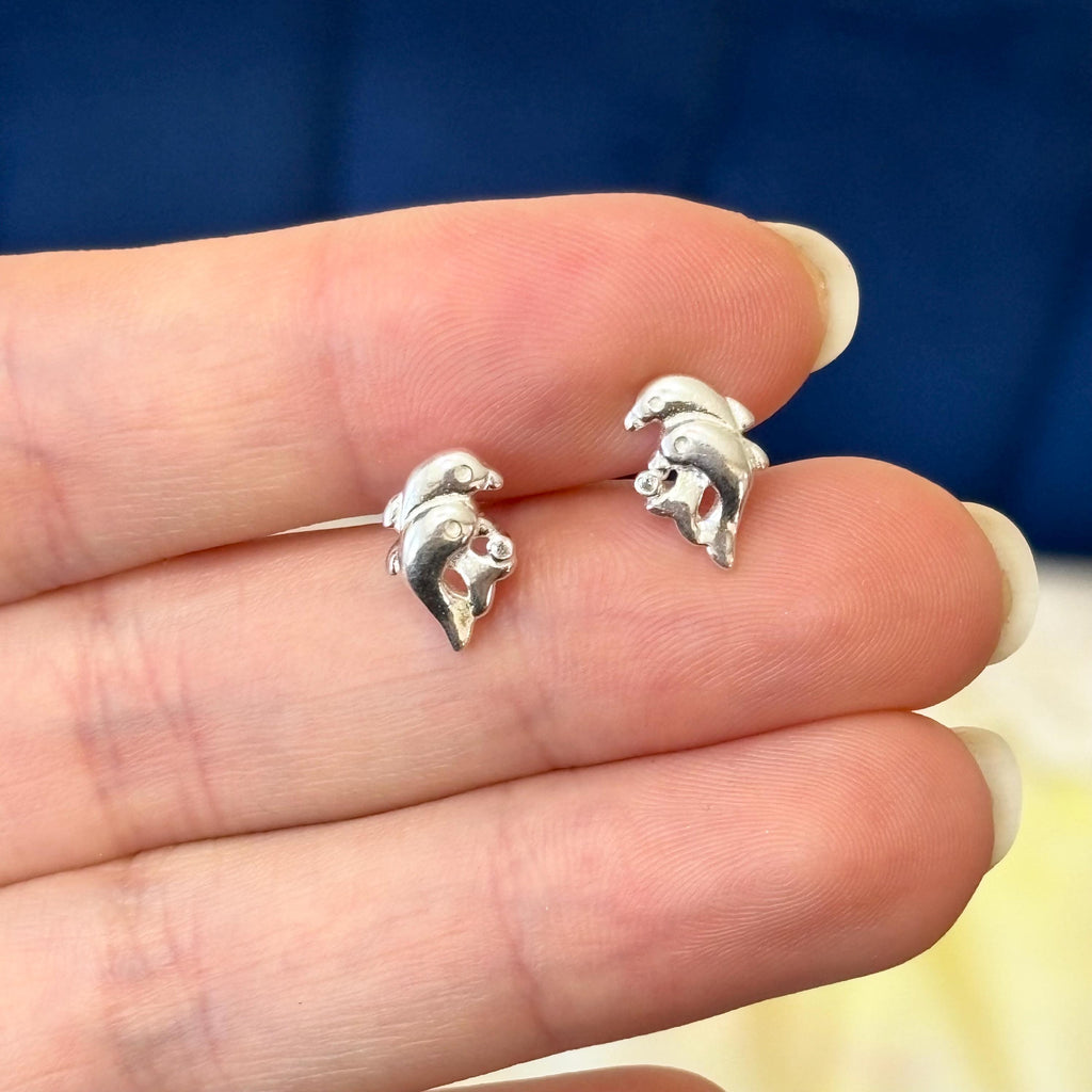 Sterling Silver Polished Cubic Zirconia (CZ) Twin Dolphin Post Earrings