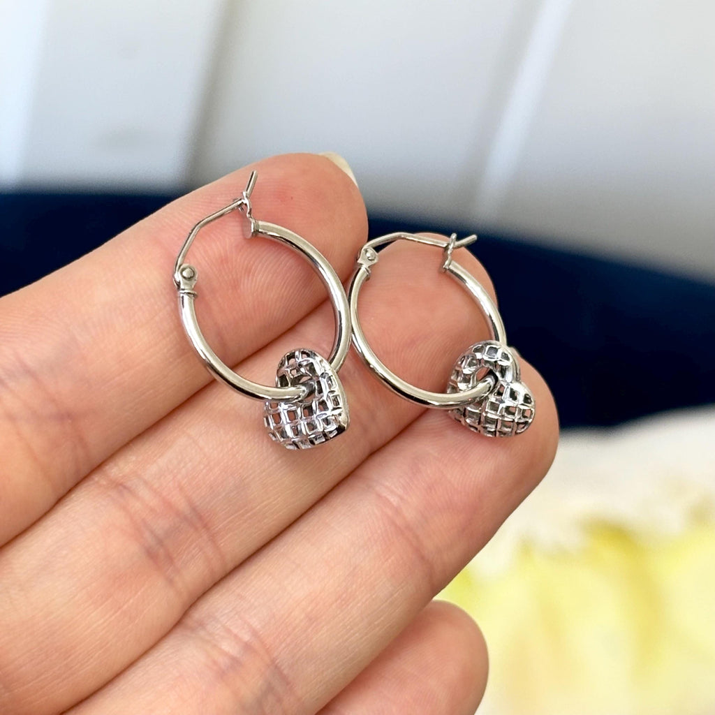 Sterling Silver Movable Dangling Heart Hoop Earrings
