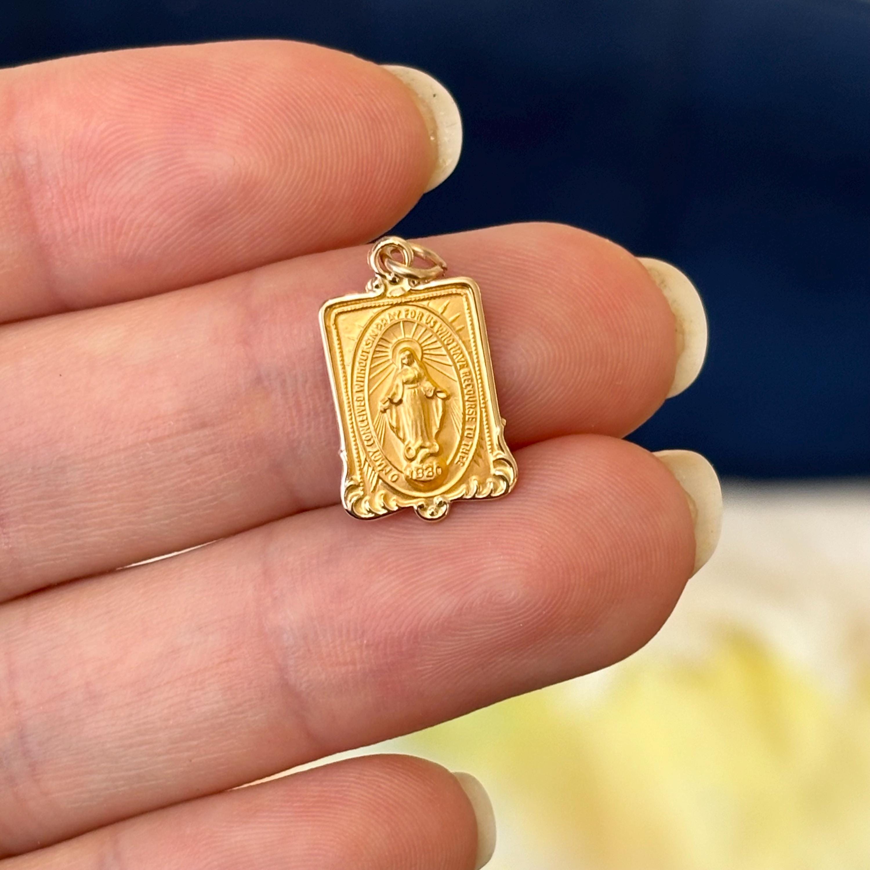 14k Solid Small Rectangular Miraculous Medal Charm Pendant Polished/Satin