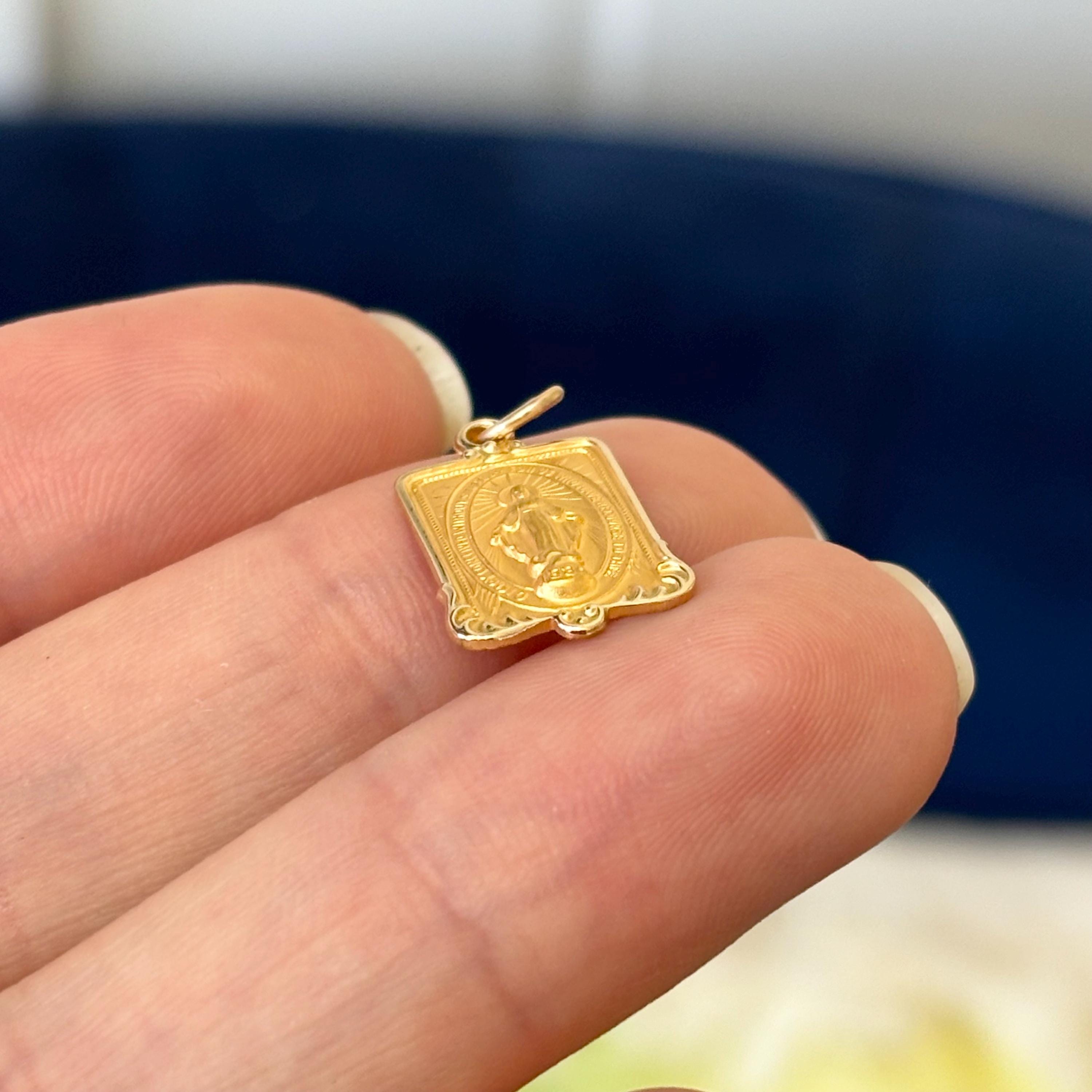 14k Solid Small Rectangular Miraculous Medal Charm Pendant Polished/Satin