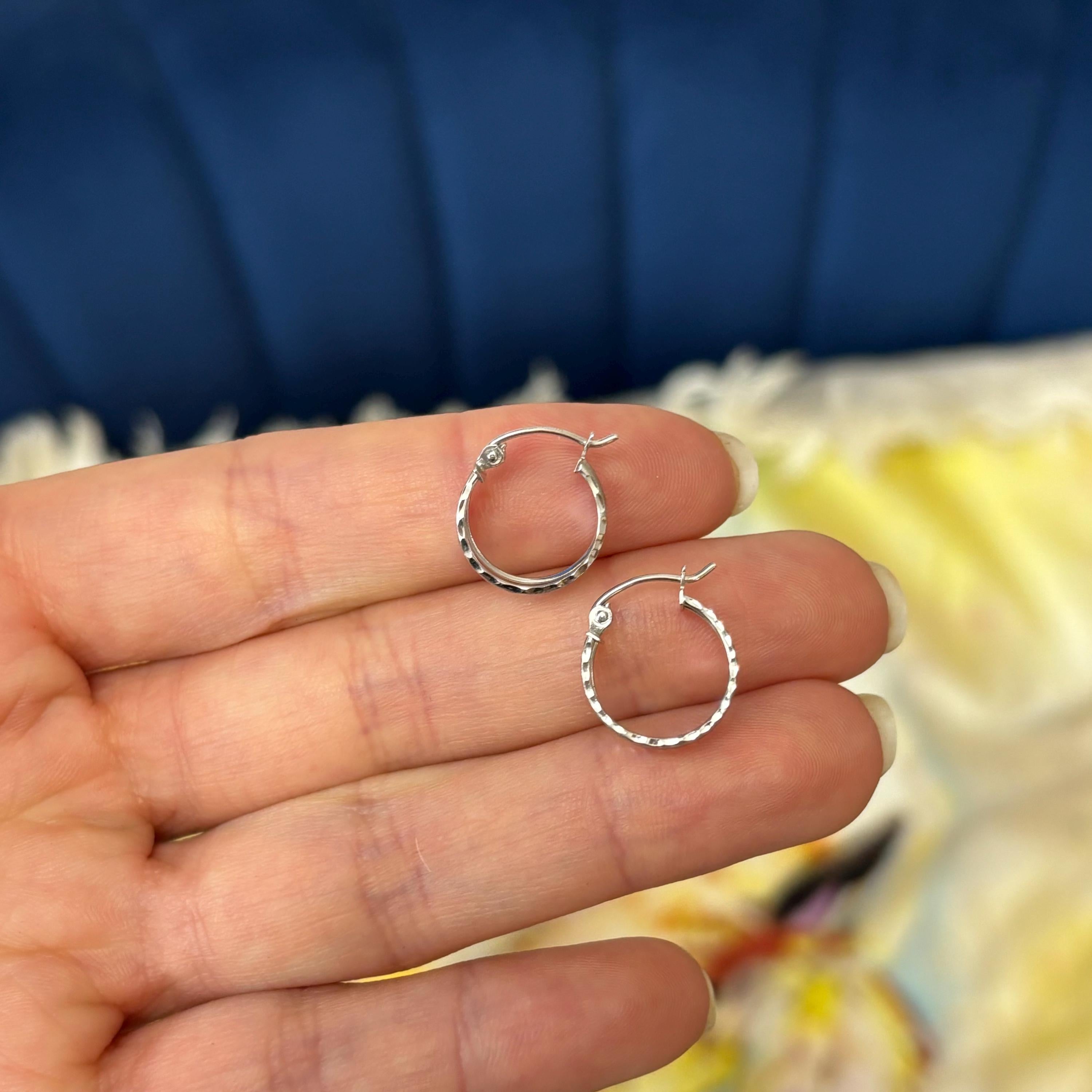 10k White Gold Satin and Diamond-cut Hoop Earrings