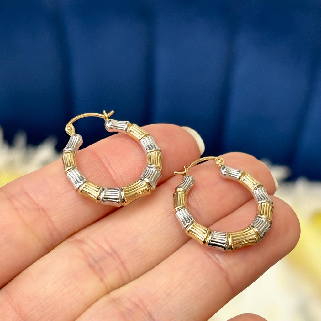 14k Yellow and White Gold Bamboo Two-tone Hoop Earrings