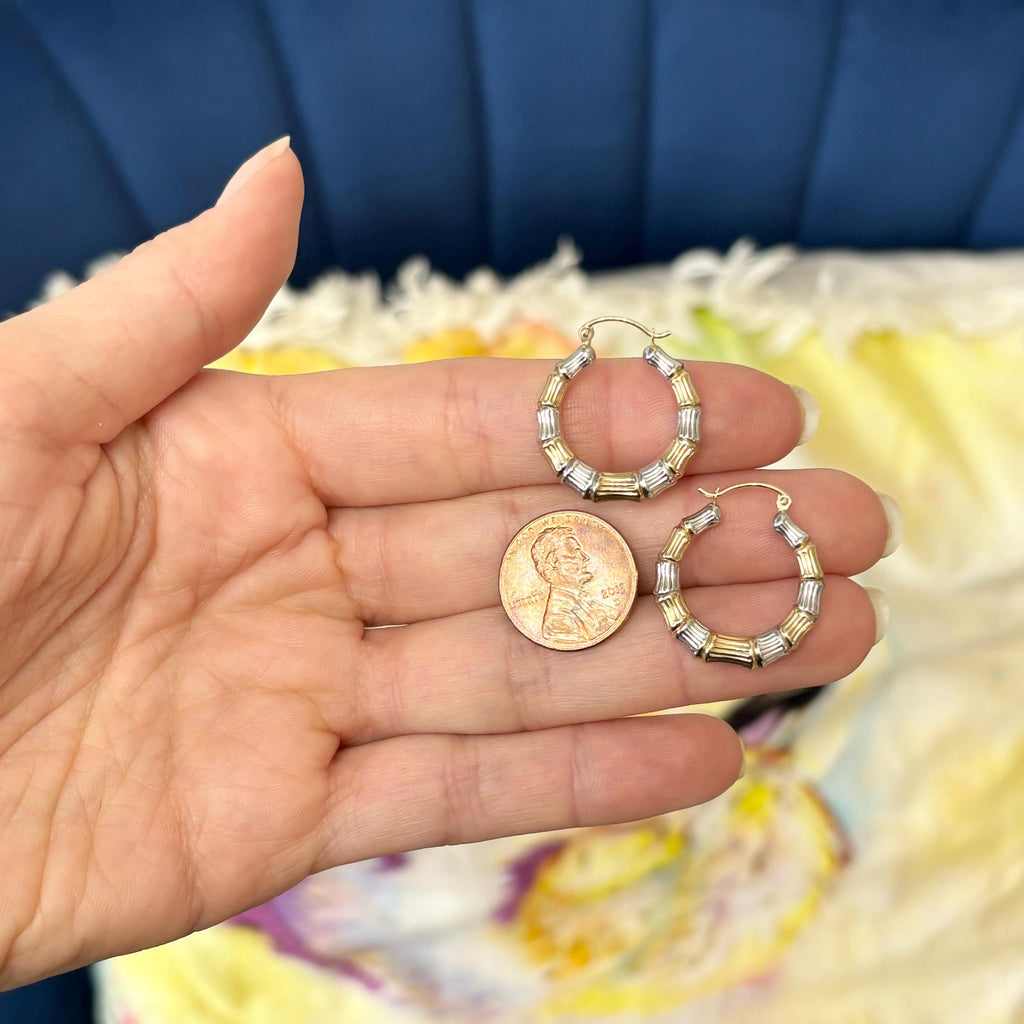 14k Yellow and White Gold Bamboo Two-tone Hoop Earrings