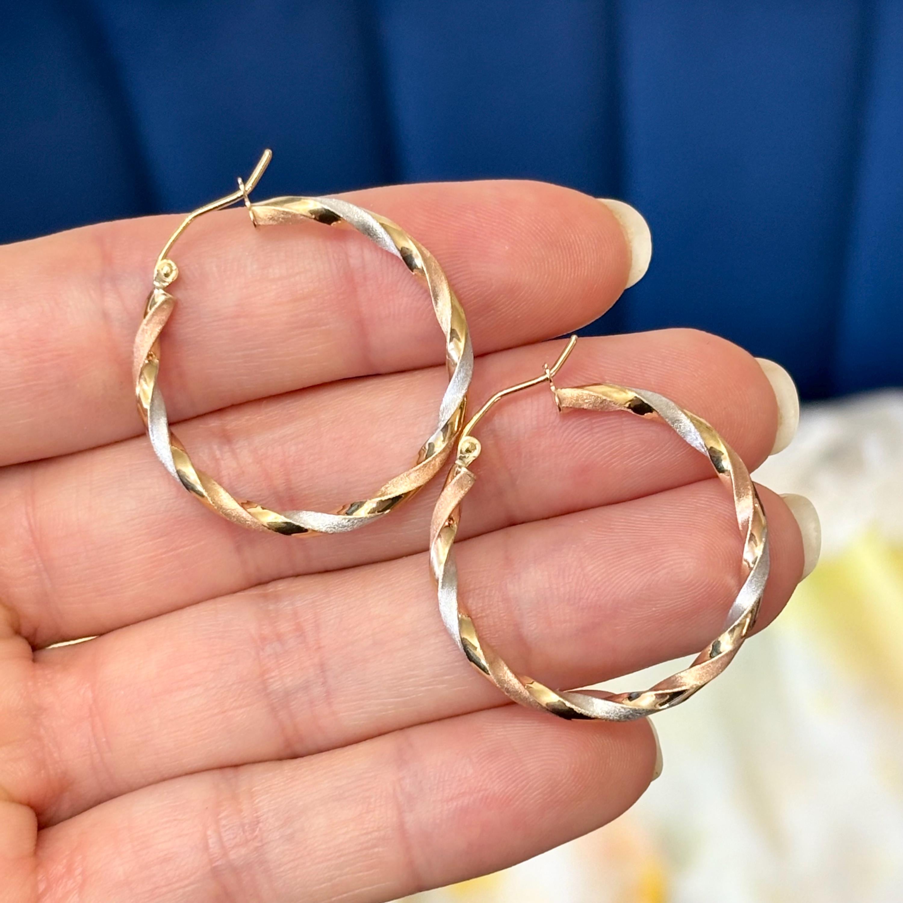 10k Yellow White and Rose Gold Twisted Satin Hoop Earrings