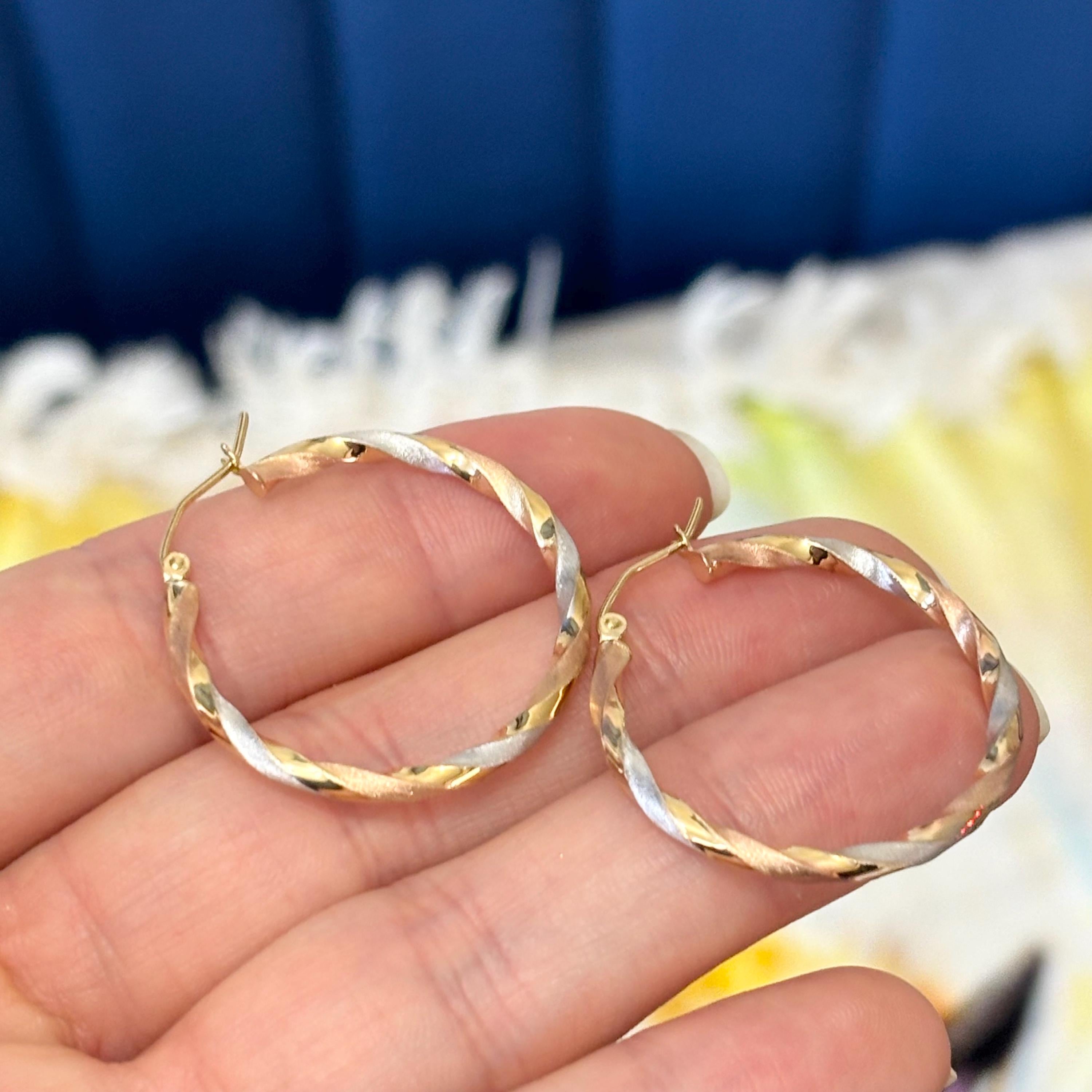 10k Yellow White and Rose Gold Twisted Satin Hoop Earrings