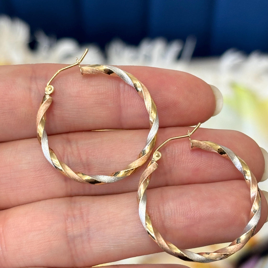 10k Yellow White and Rose Gold Twisted Satin Hoop Earrings