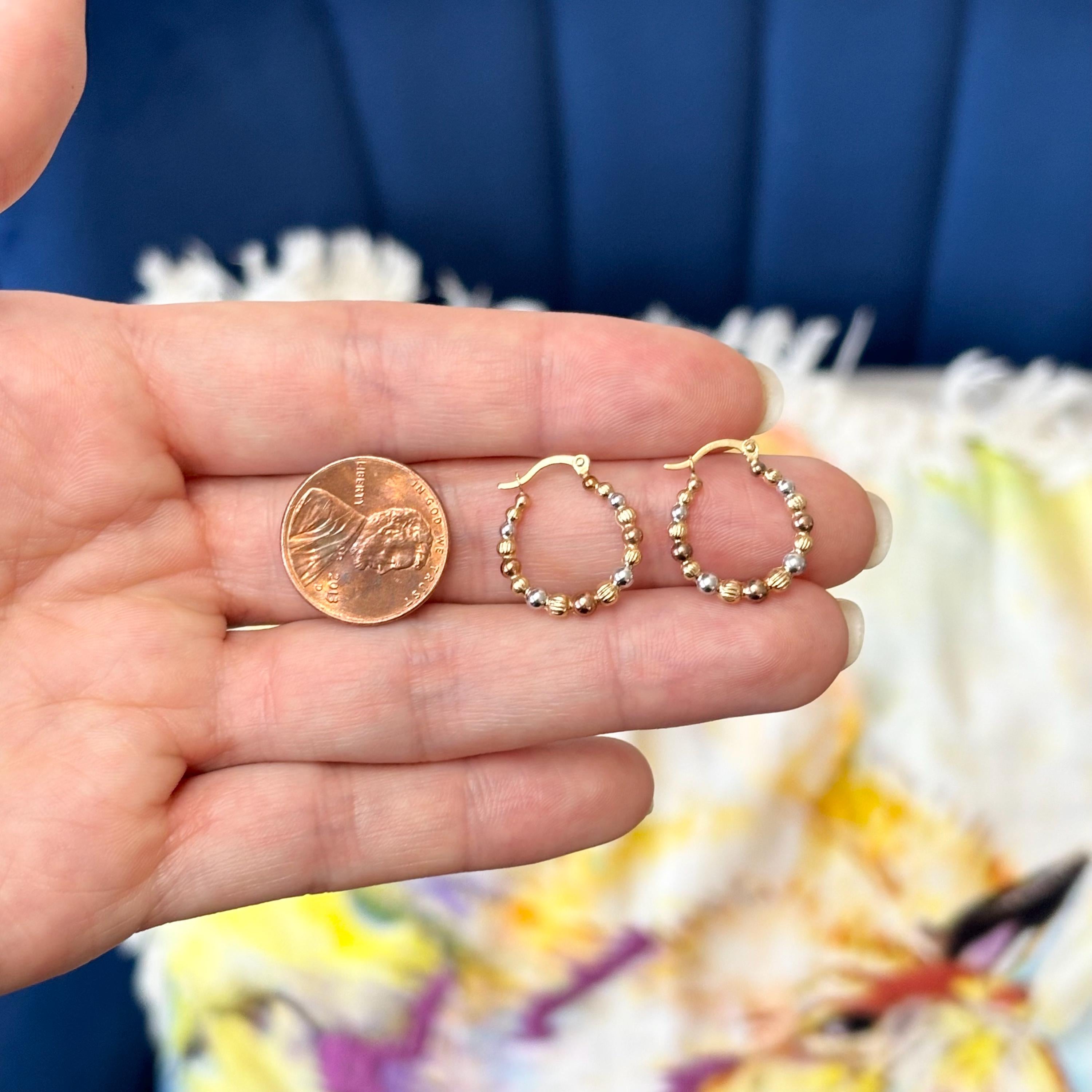 14k and White and Rose Rhodium Beaded Hoop Earrings