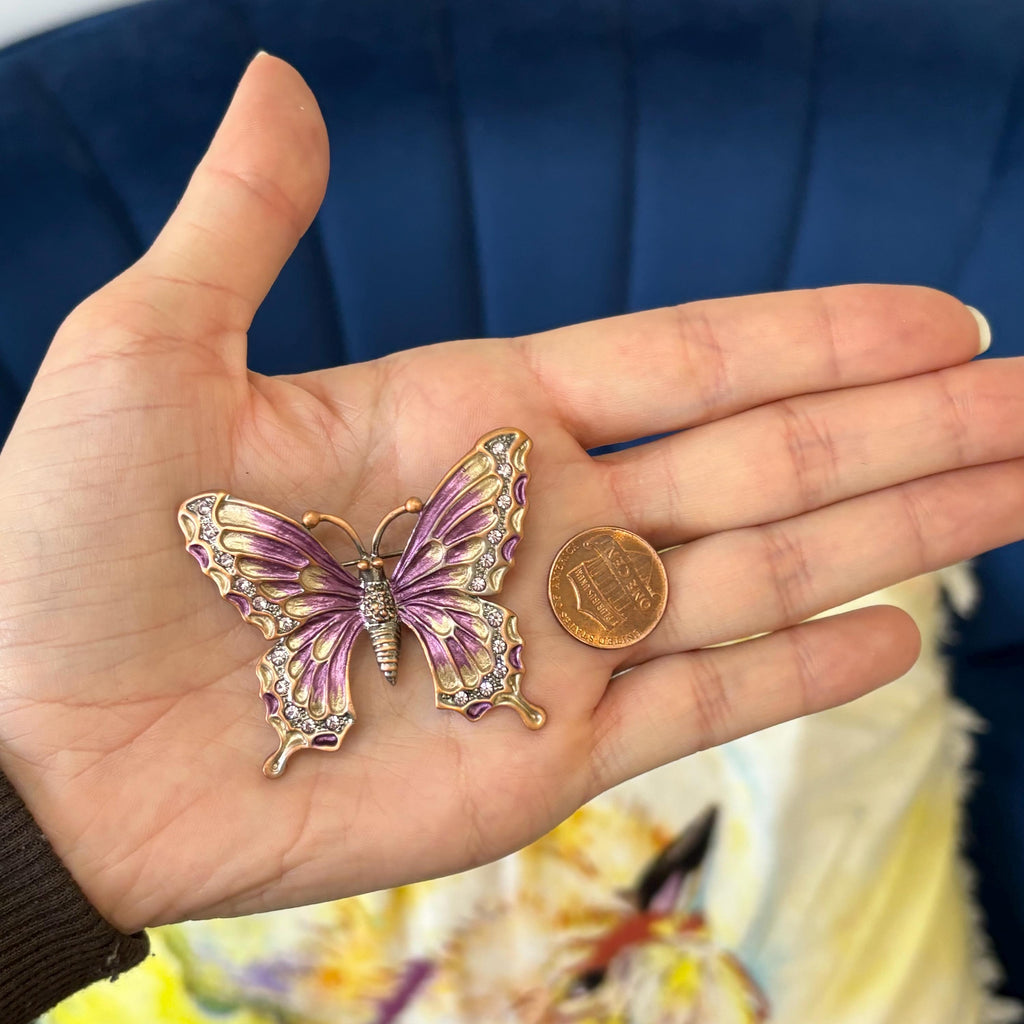 Metal Purple Enamel with Green and Purple Crystals Pin