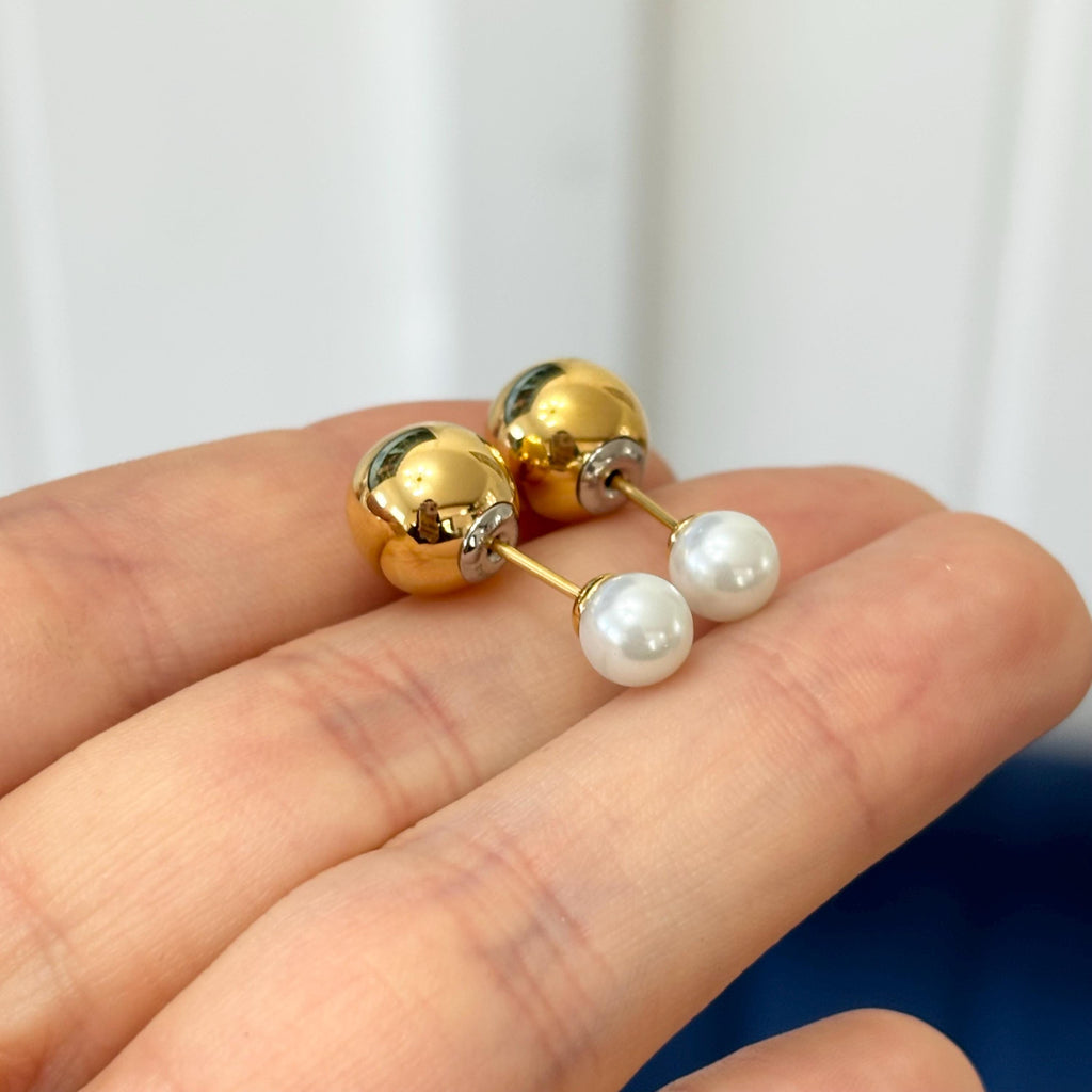 Stainless Steel Gold-tone ball with Faux Pearl Reversible Post Earrings