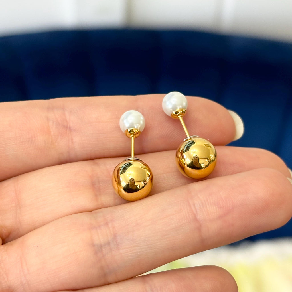 Stainless Steel Gold-tone ball with Faux Pearl Reversible Post Earrings