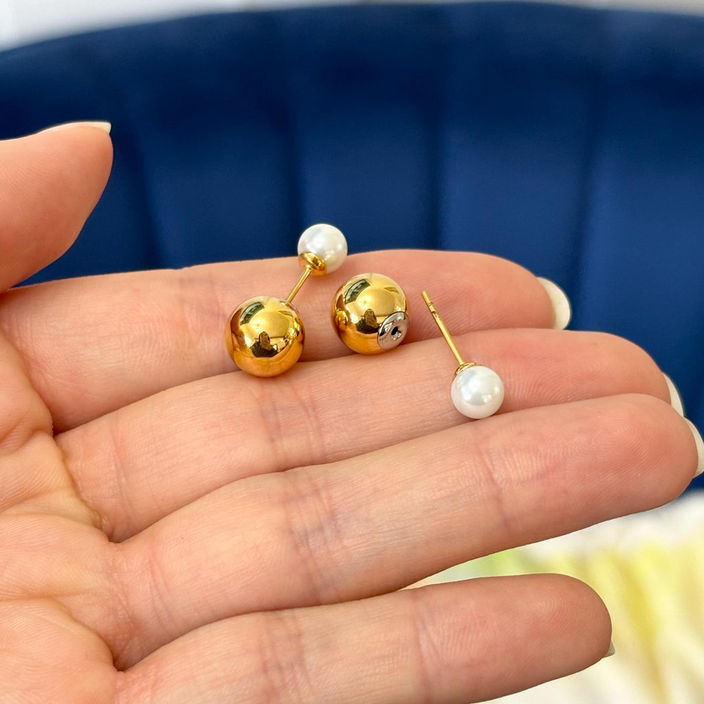 Stainless Steel Gold-tone ball with Faux Pearl Reversible Post Earrings