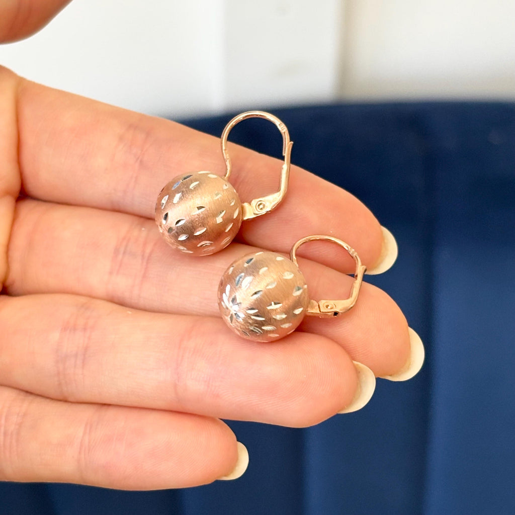 Sterling Silver with Rose Rhodium Brushed and Diamond-cut Ball Dangle Earrings