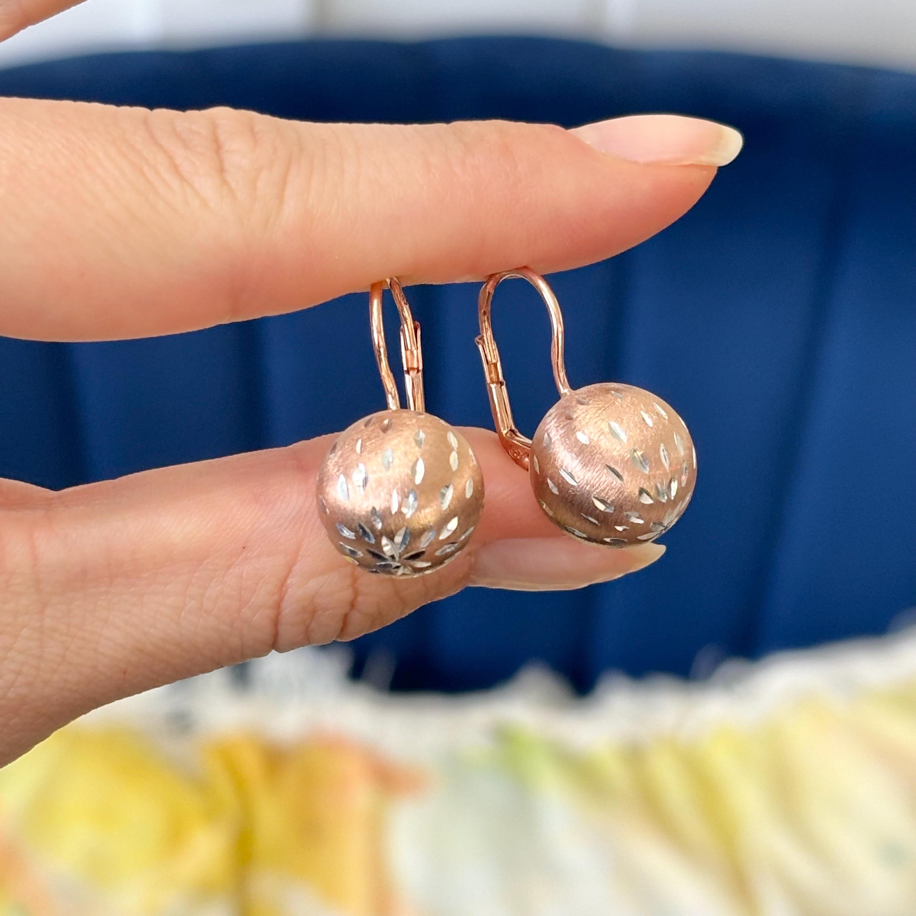 Sterling Silver with Rose Rhodium Brushed and Diamond-cut Ball Dangle Earrings