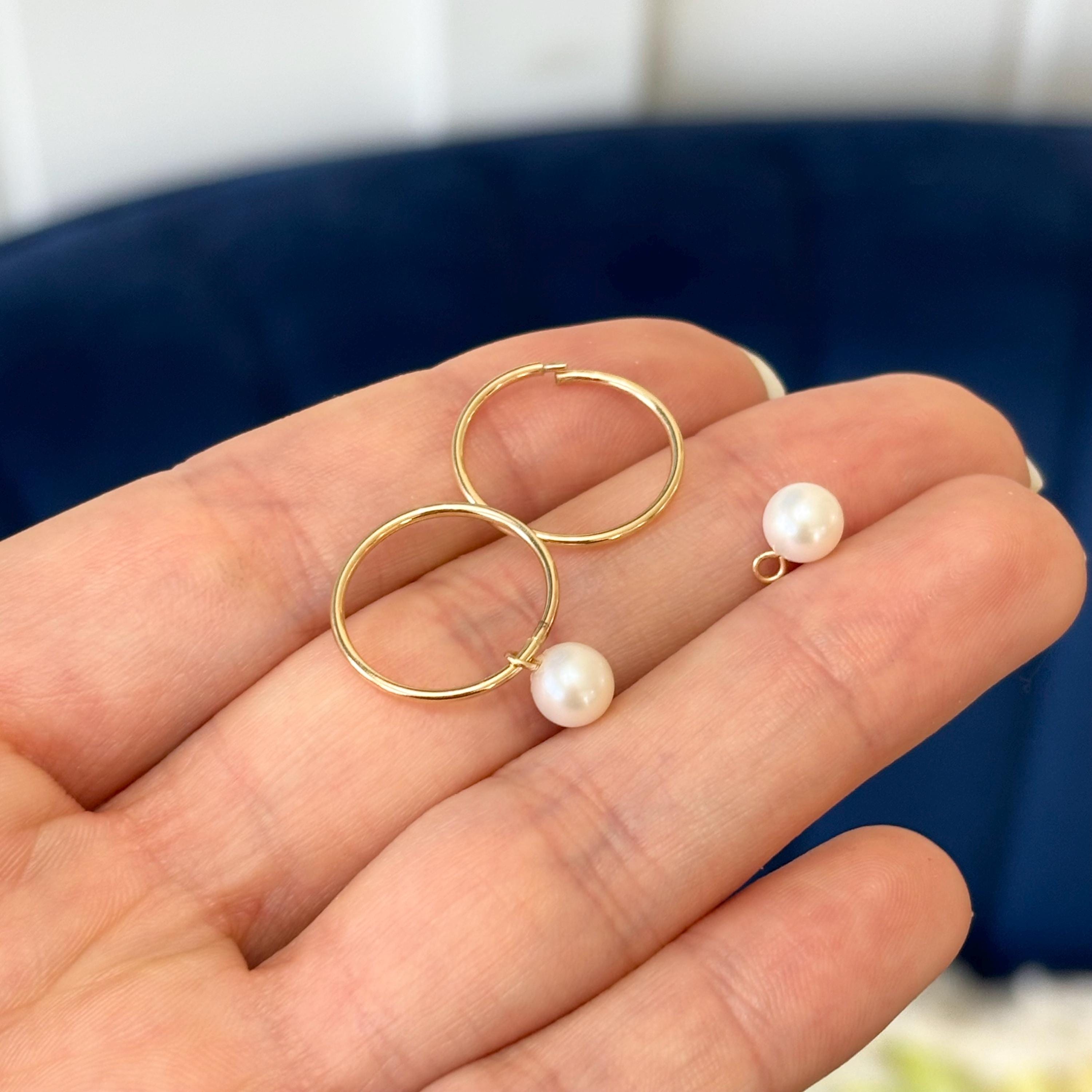 14k Yellow Gold 5-6mm White Round Freshwater Cultured Pearl Dangle Endless Hoop Earrings