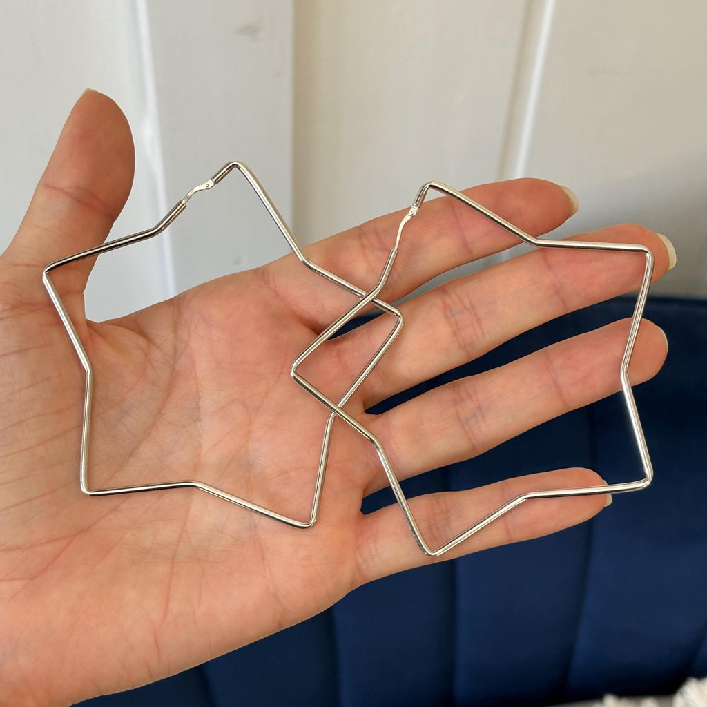 Sterling Silver Rhodium-plated Large Star Hoop Earrings