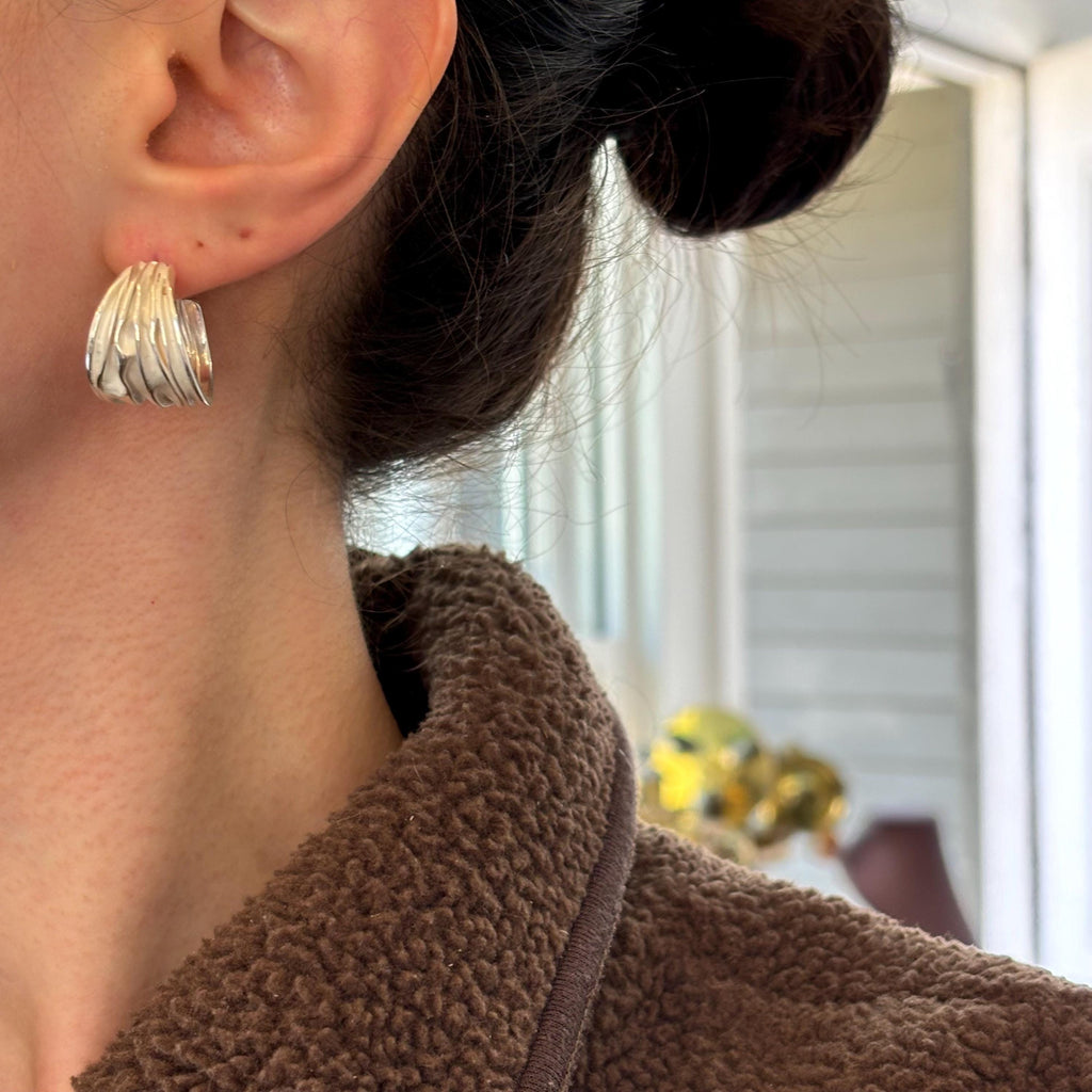 Sterling Silver Polished and Satin Rhodium-plated Textured Post Hoop Earrings