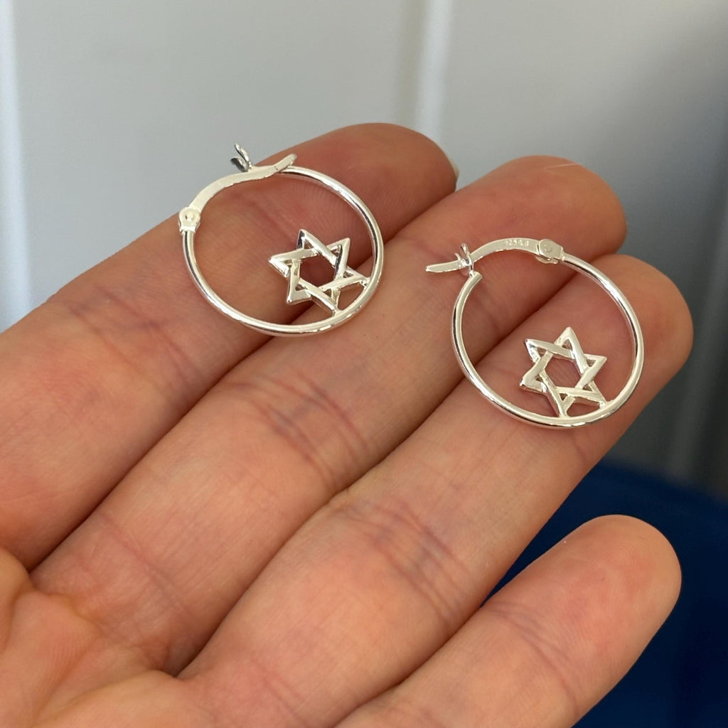 Sterling Silver Polished Star of David Circle Hoop Earrings