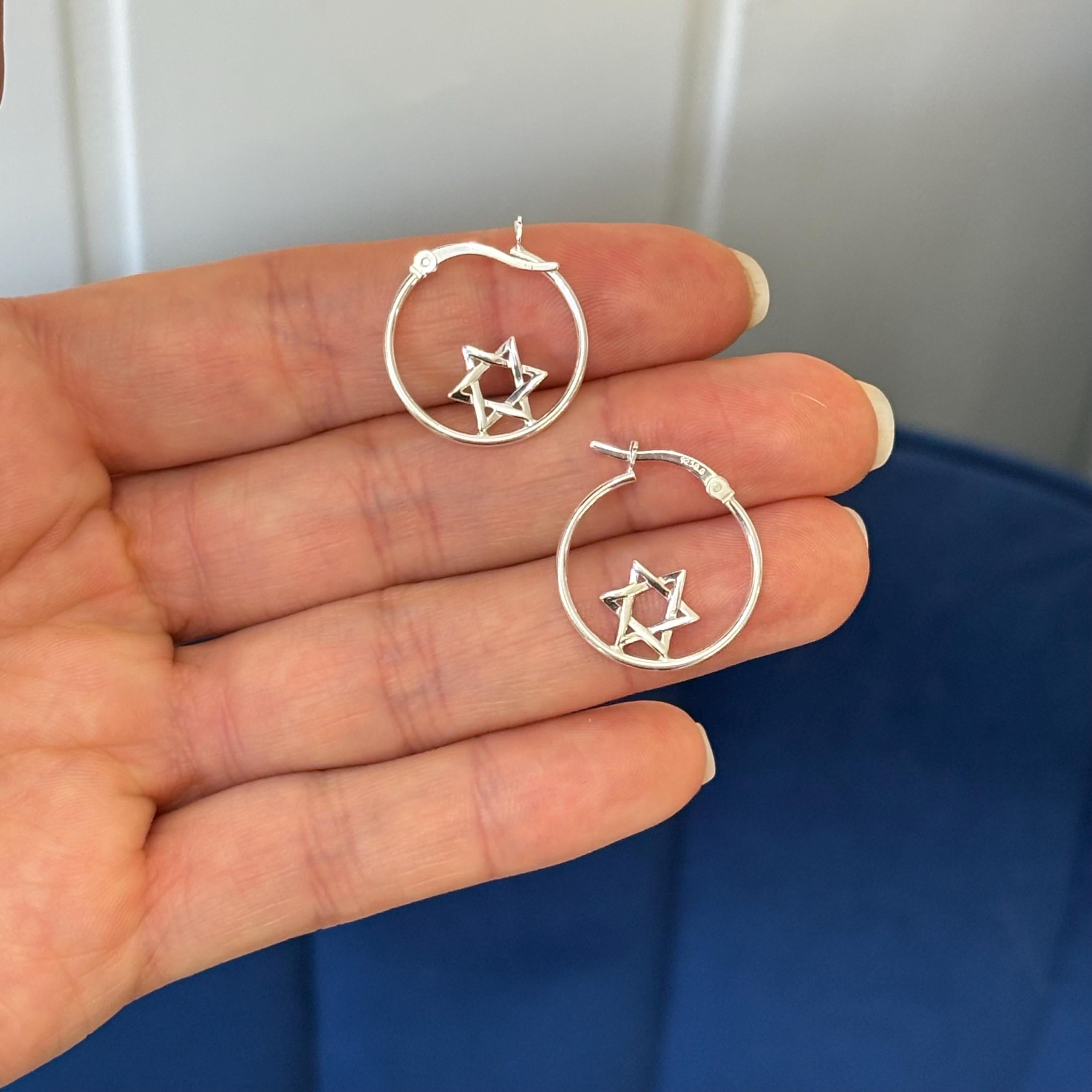 Sterling Silver Polished Star of David Circle Hoop Earrings