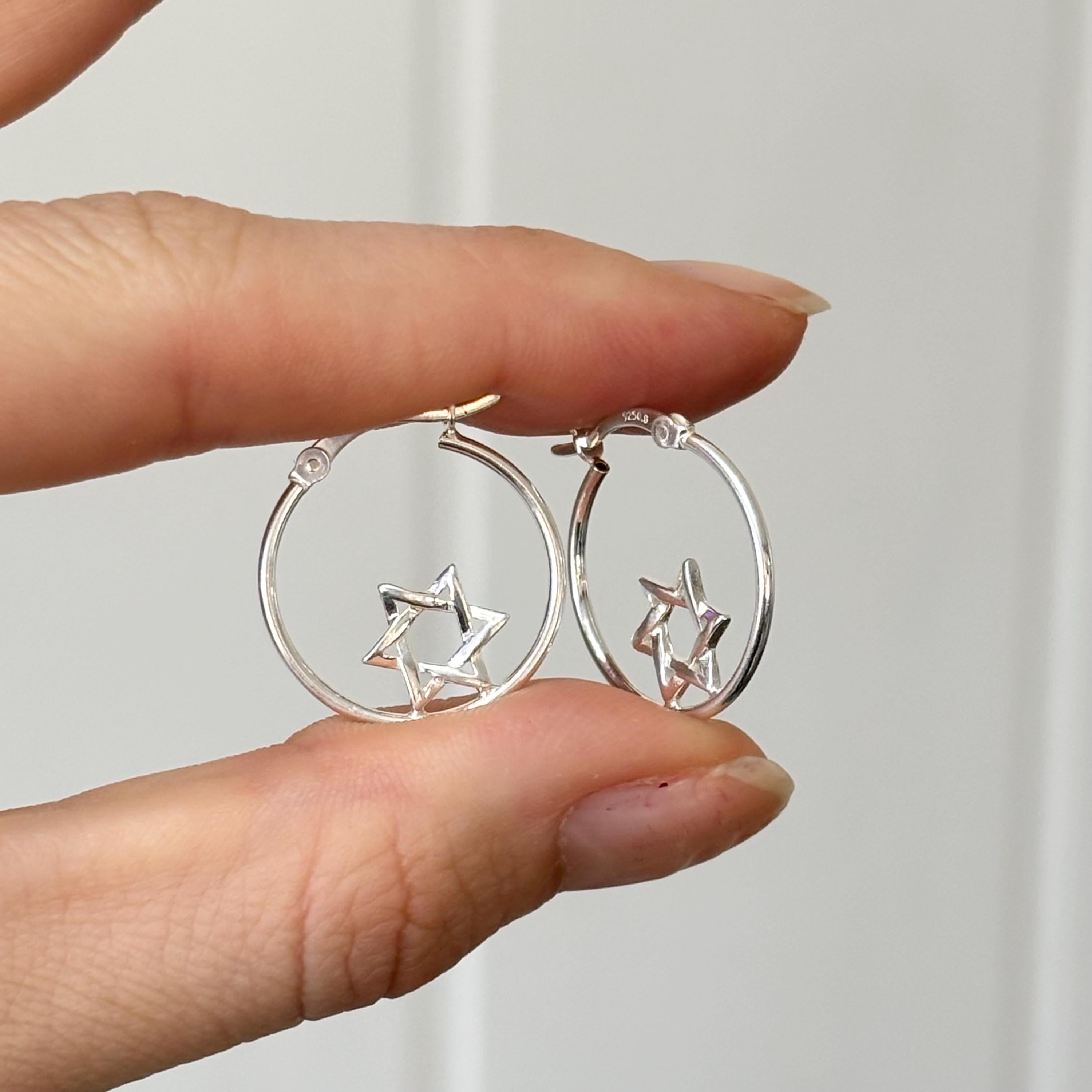 Sterling Silver Polished Star of David Circle Hoop Earrings
